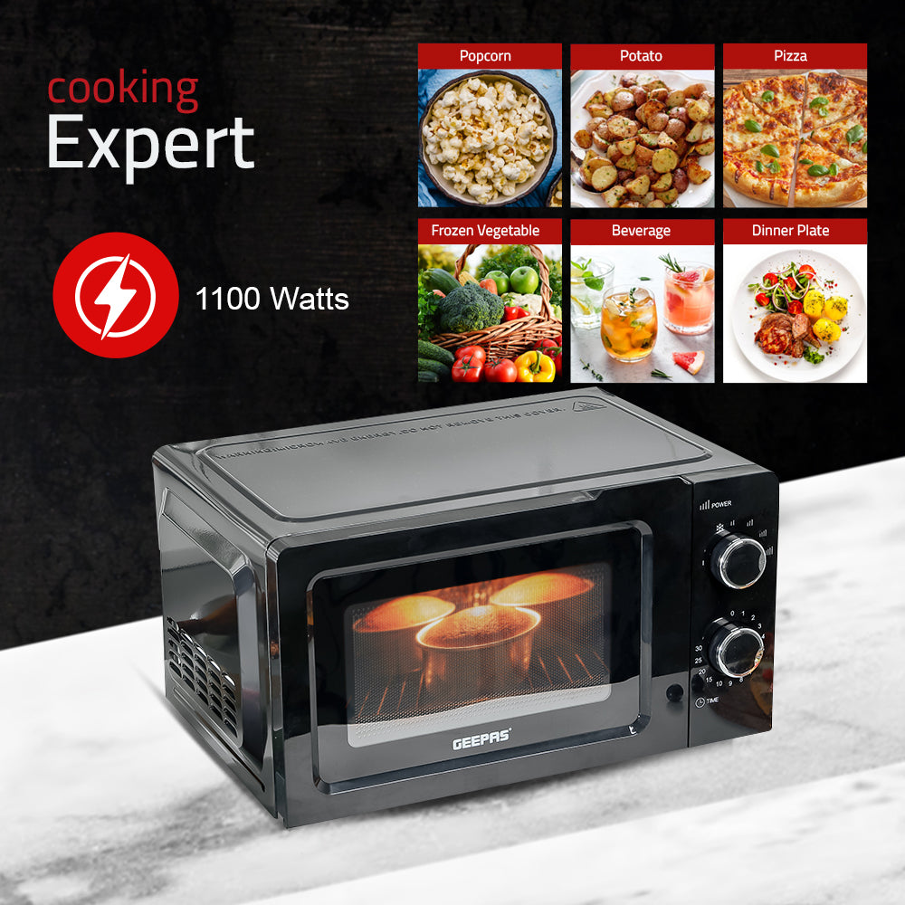 Geepas 20L Microwave Oven GMO1899 | Stylish & Efficient Microwave Oven | Multiple Power Levels| Defrost & Timer Function| Compact Design| Easy Operation | 1 Year Warranty
