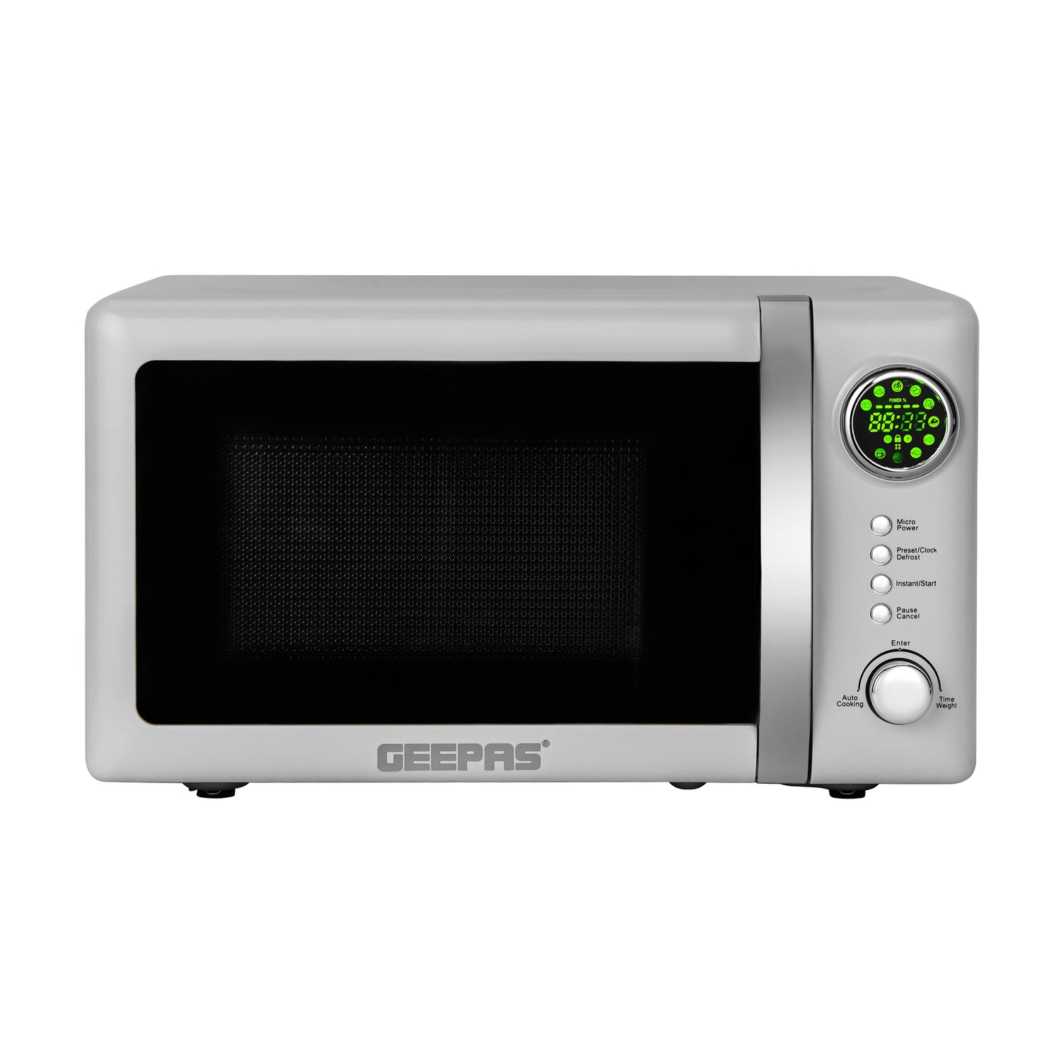 Geepas 20L  Digital Microwave Oven GMO2026GW | 700W Power | 12 Presets | Grill & Defrost Function | Child Lock | Compact & Stylish Kitchen Appliance | 2 Years Warranty