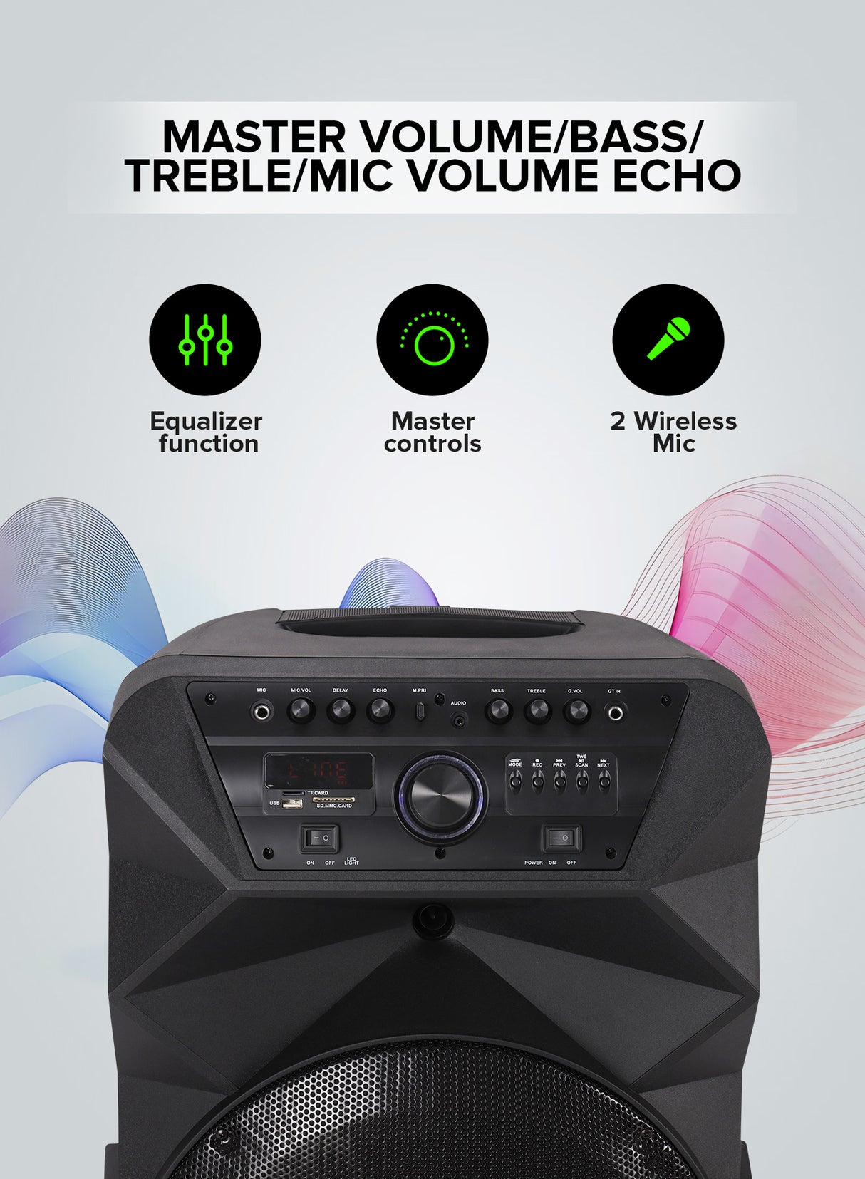 Geepas Rechargeable Professional Speaker- GMS11154| Bluetooth, Includes Two Wireless Microphones and a Remote Control| 60000W PMPO, Woofer: 15"| Recording Function