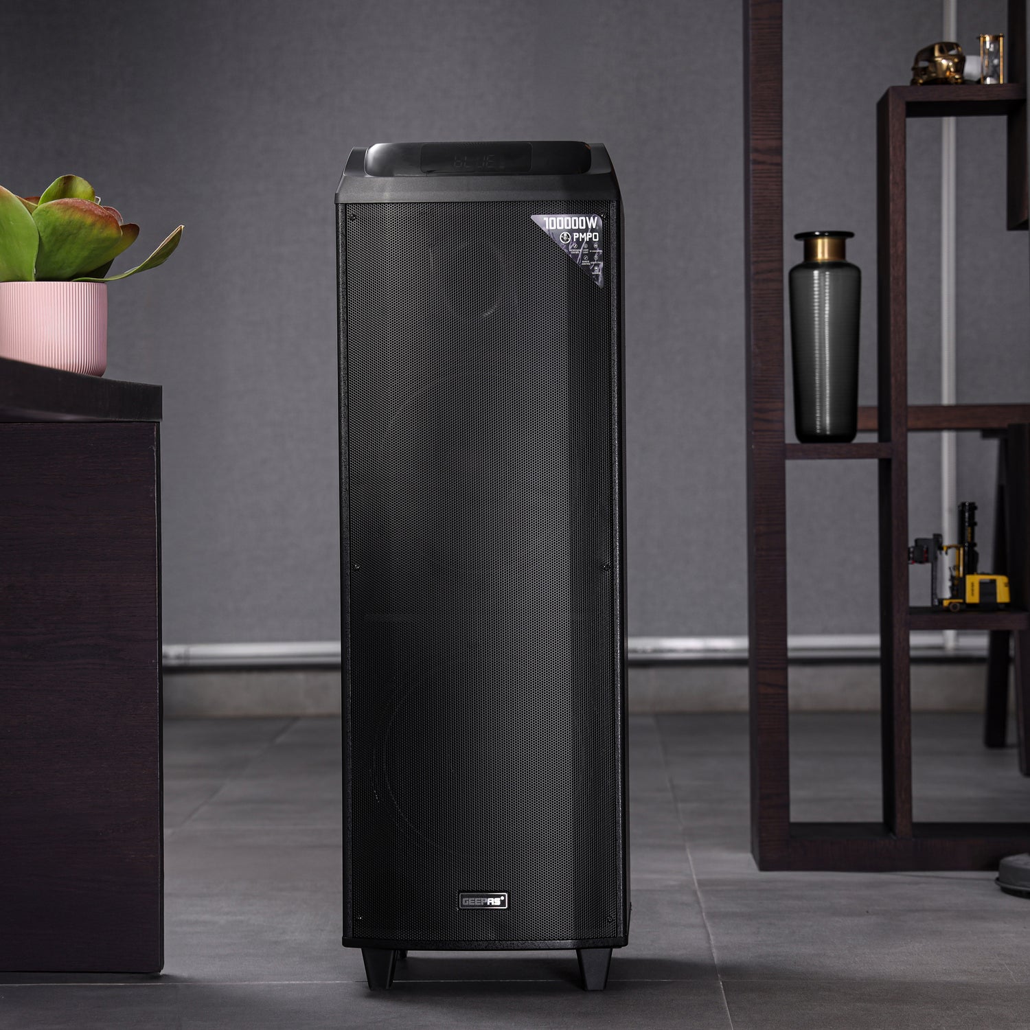 Geepas Rechargeable Professional Speaker- GMS11153/ UHF Mic, USB, TF, TWS, Bluetooth and FM Radio/ Includes Remote Control, Laser Light and LED Panel, Black