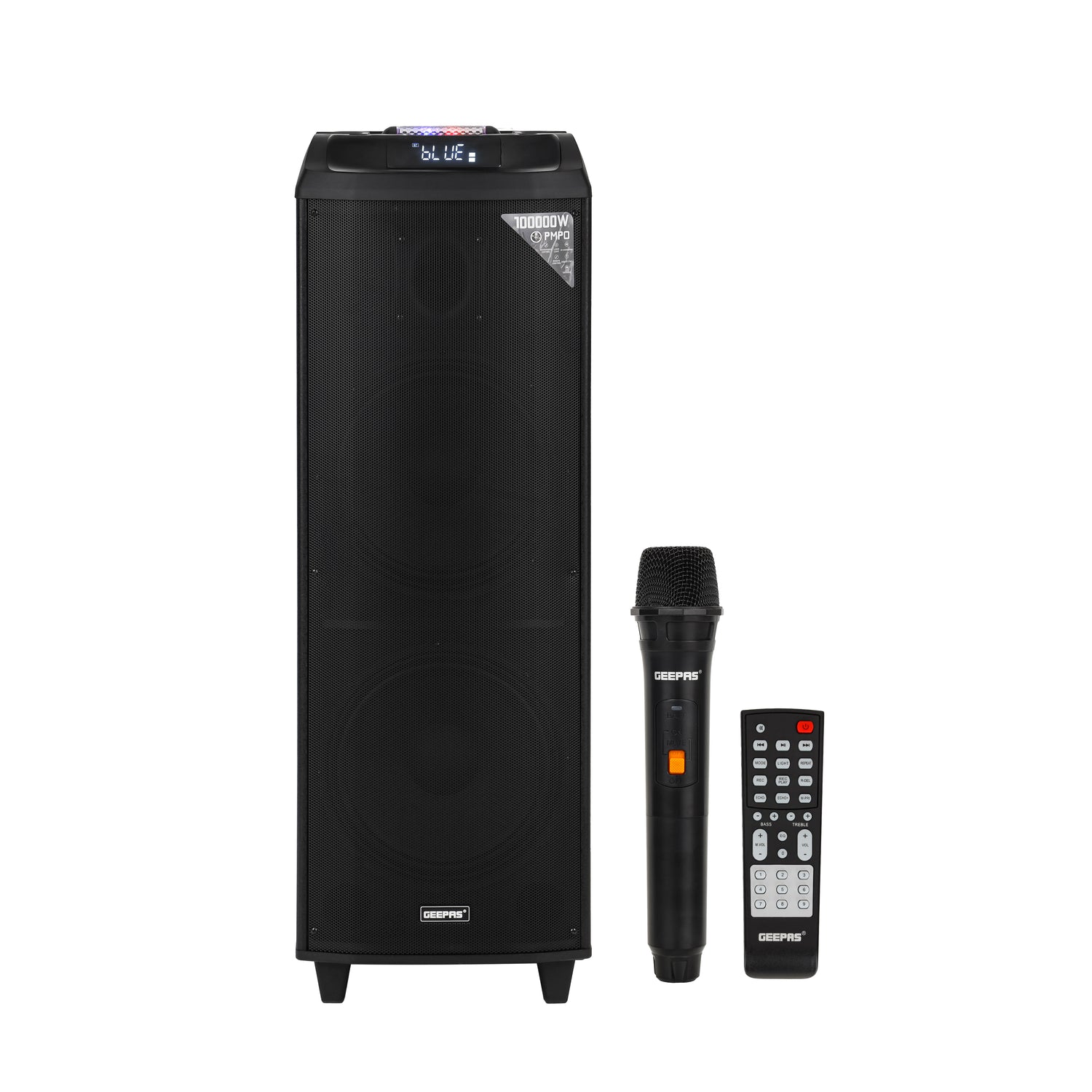 Geepas Rechargeable Professional Speaker- GMS11153/ UHF Mic, USB, TF, TWS, Bluetooth and FM Radio/ Includes Remote Control, Laser Light and LED Panel, Black