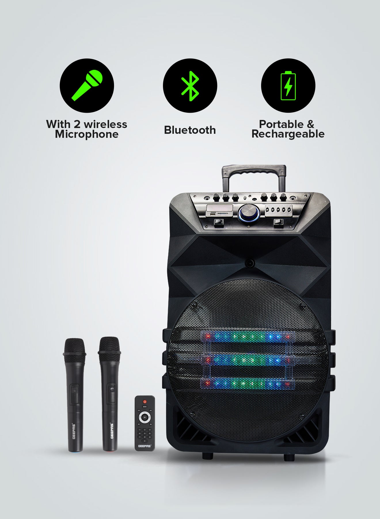 Geepas Rechargeable Professional Speaker- GMS11154| Bluetooth, Includes Two Wireless Microphones and a Remote Control| 60000W PMPO, Woofer: 15"| Recording Function