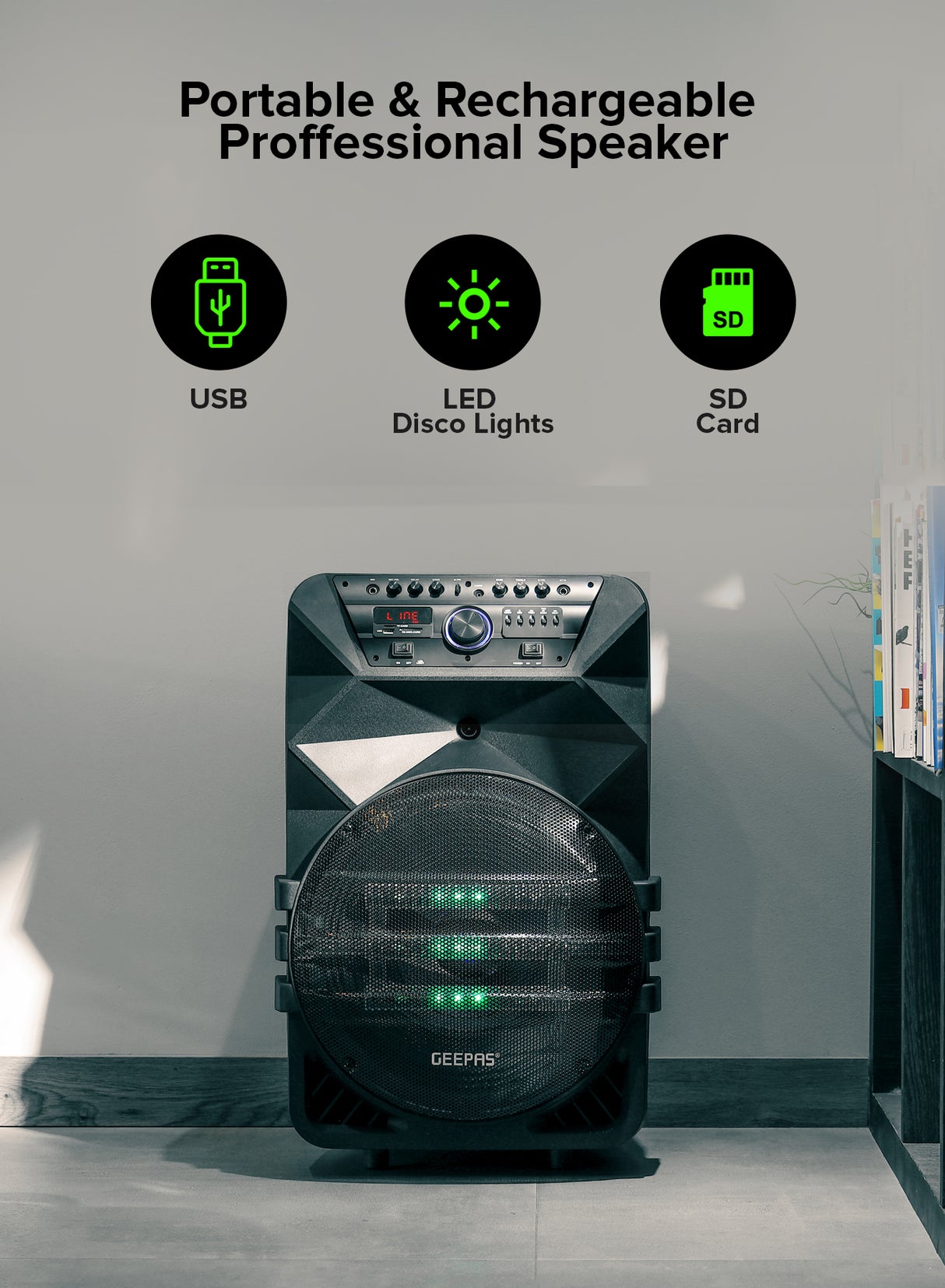 Geepas Rechargeable Professional Speaker- GMS11154| Bluetooth, Includes Two Wireless Microphones and a Remote Control| 60000W PMPO, Woofer: 15"| Recording Function