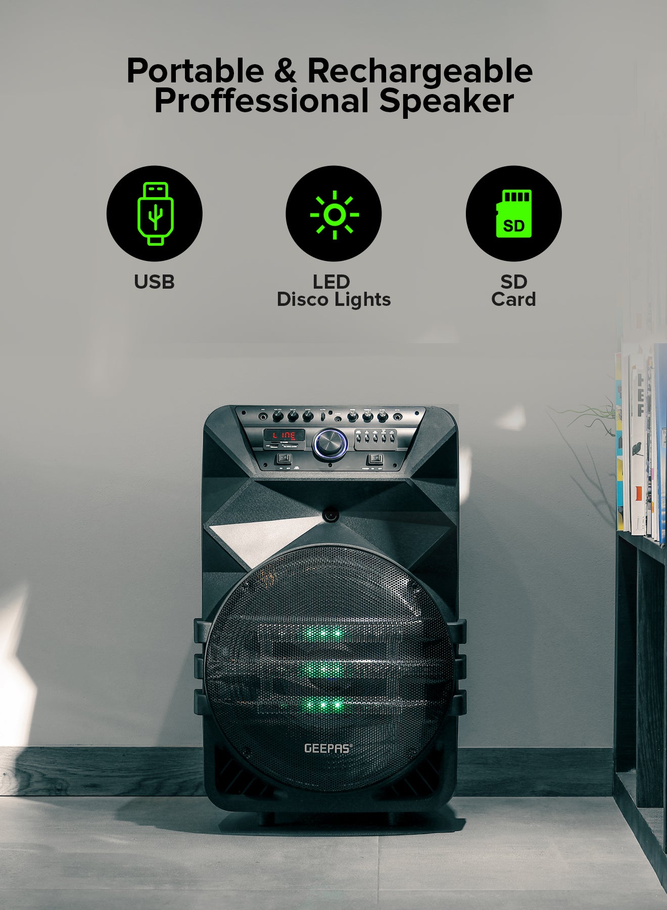 Geepas Rechargeable Professional Speaker- GMS11154| Bluetooth, Includes Two Wireless Microphones and a Remote Control| 60000W PMPO, Woofer: 15"| Recording Function