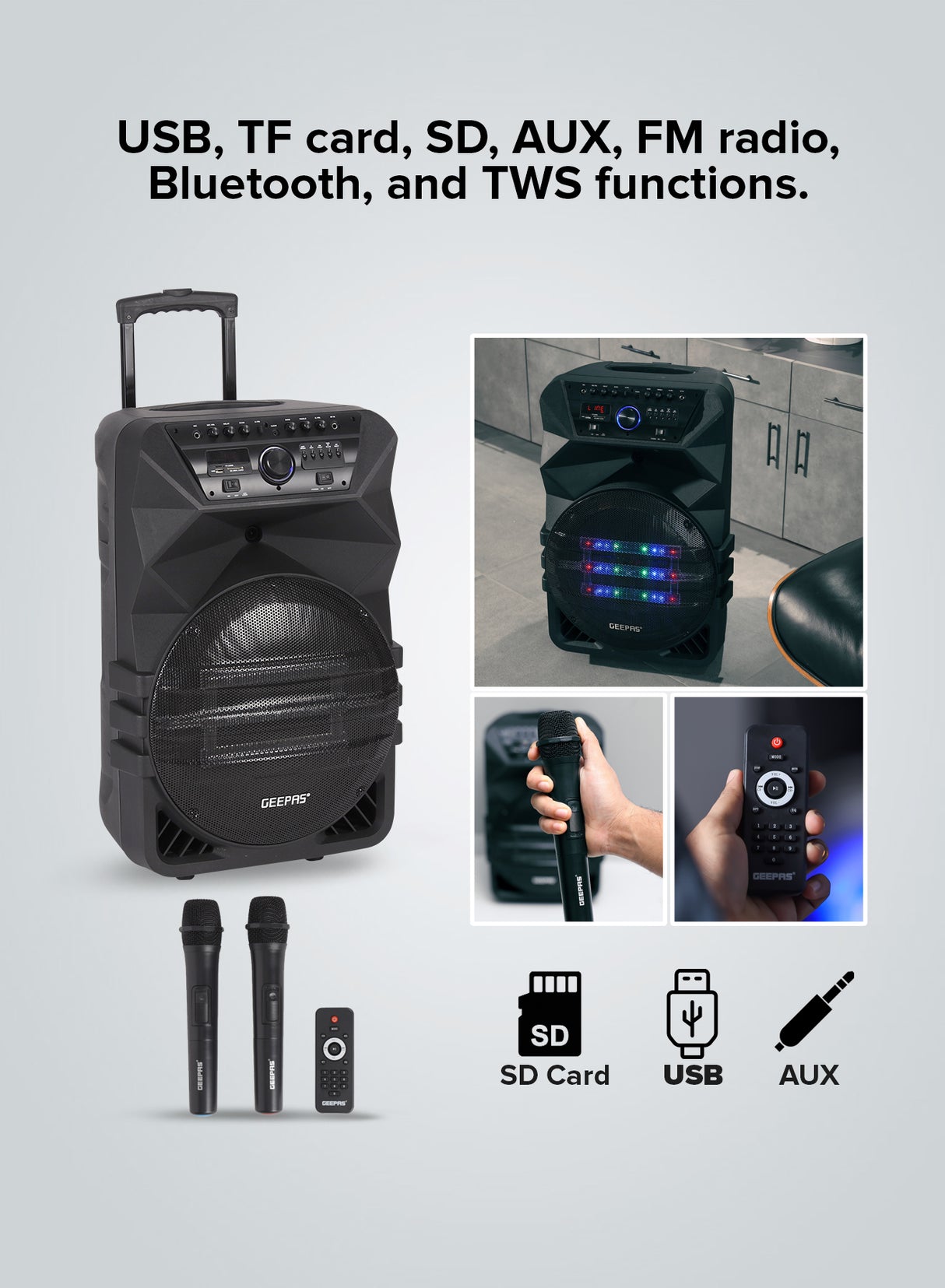 Geepas Rechargeable Professional Speaker- GMS11154| Bluetooth, Includes Two Wireless Microphones and a Remote Control| 60000W PMPO, Woofer: 15"| Recording Function