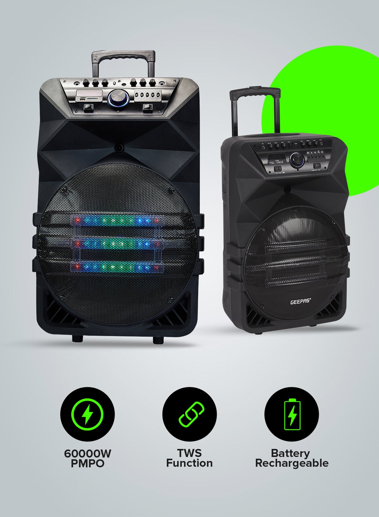 Geepas Rechargeable Professional Speaker- GMS11154| Bluetooth, Includes Two Wireless Microphones and a Remote Control| 60000W PMPO, Woofer: 15"| Recording Function