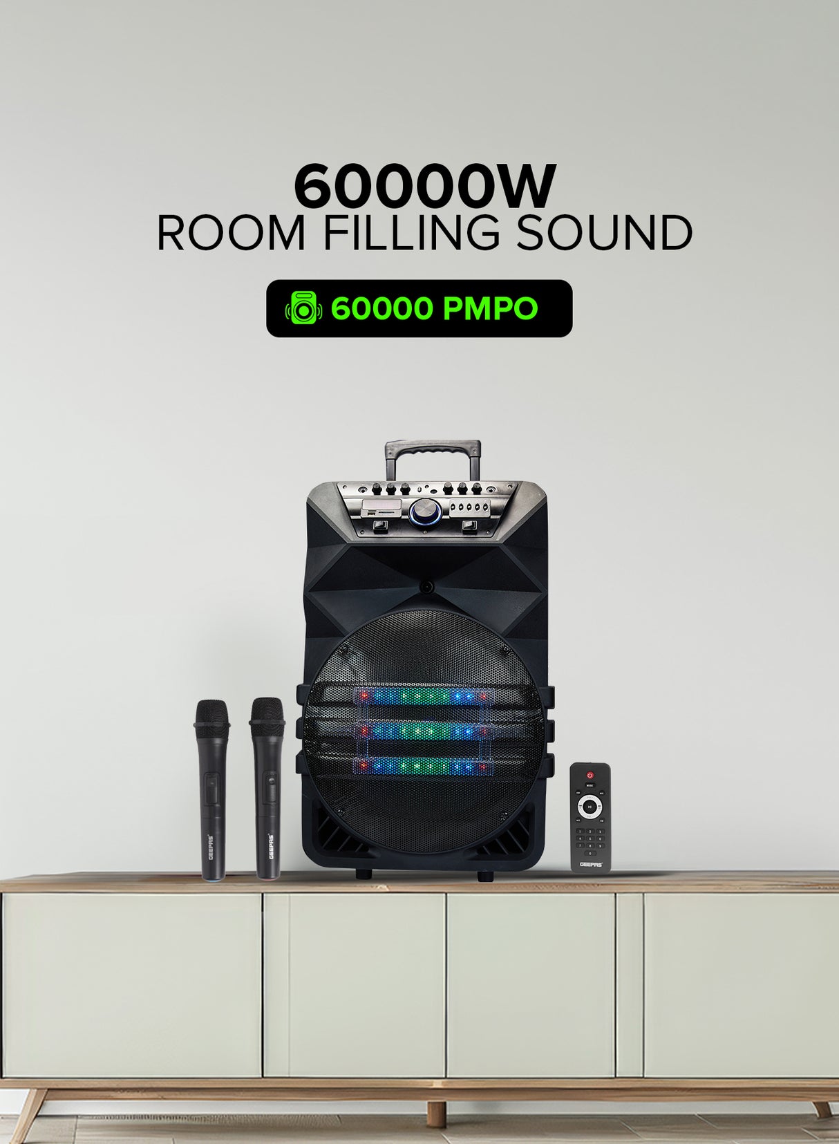 Geepas Rechargeable Professional Speaker- GMS11154| Bluetooth, Includes Two Wireless Microphones and a Remote Control| 60000W PMPO, Woofer: 15"| Recording Function