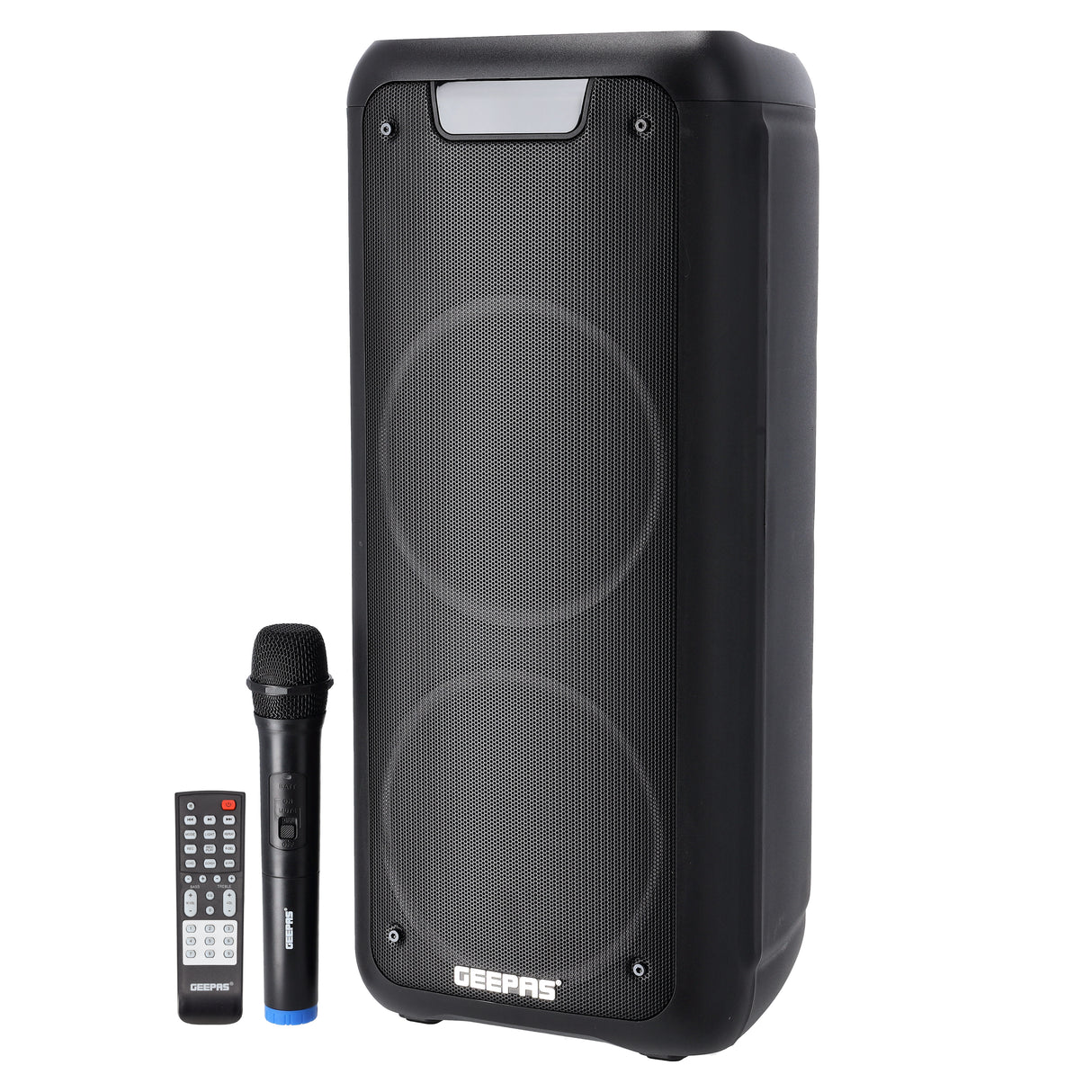 Geepas GMS11168 Rechargeable Professional Speaker | 40000W PMPO| Bluetooth & TWS| Dual Mic Input| LED Lights| USB/TF/FM/AUX| 7.4V/3600mAh Battery| 2 Years Warranty