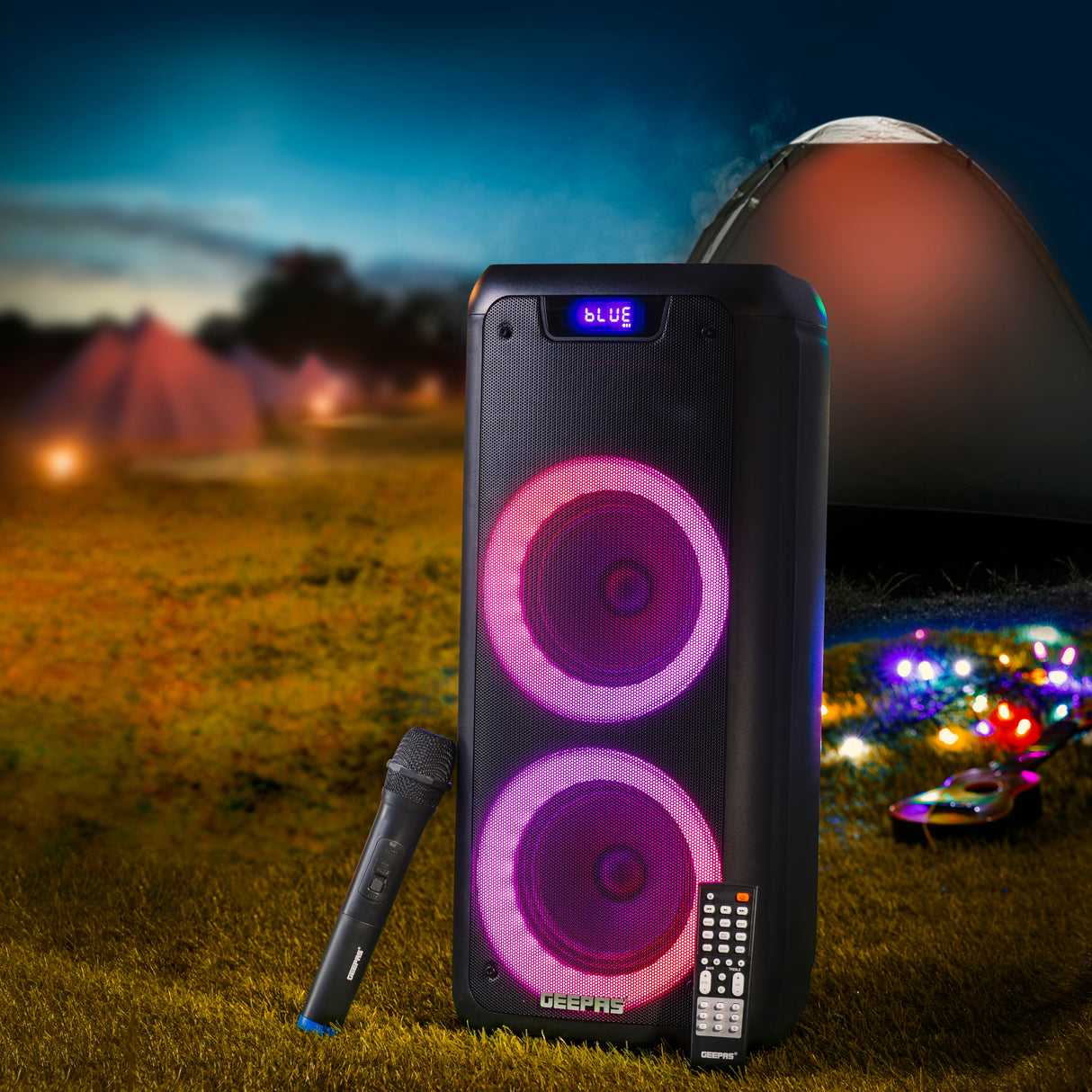 Geepas GMS11168 Rechargeable Professional Speaker | 40000W PMPO| Bluetooth & TWS| Dual Mic Input| LED Lights| USB/TF/FM/AUX| 7.4V/3600mAh Battery| 2 Years Warranty