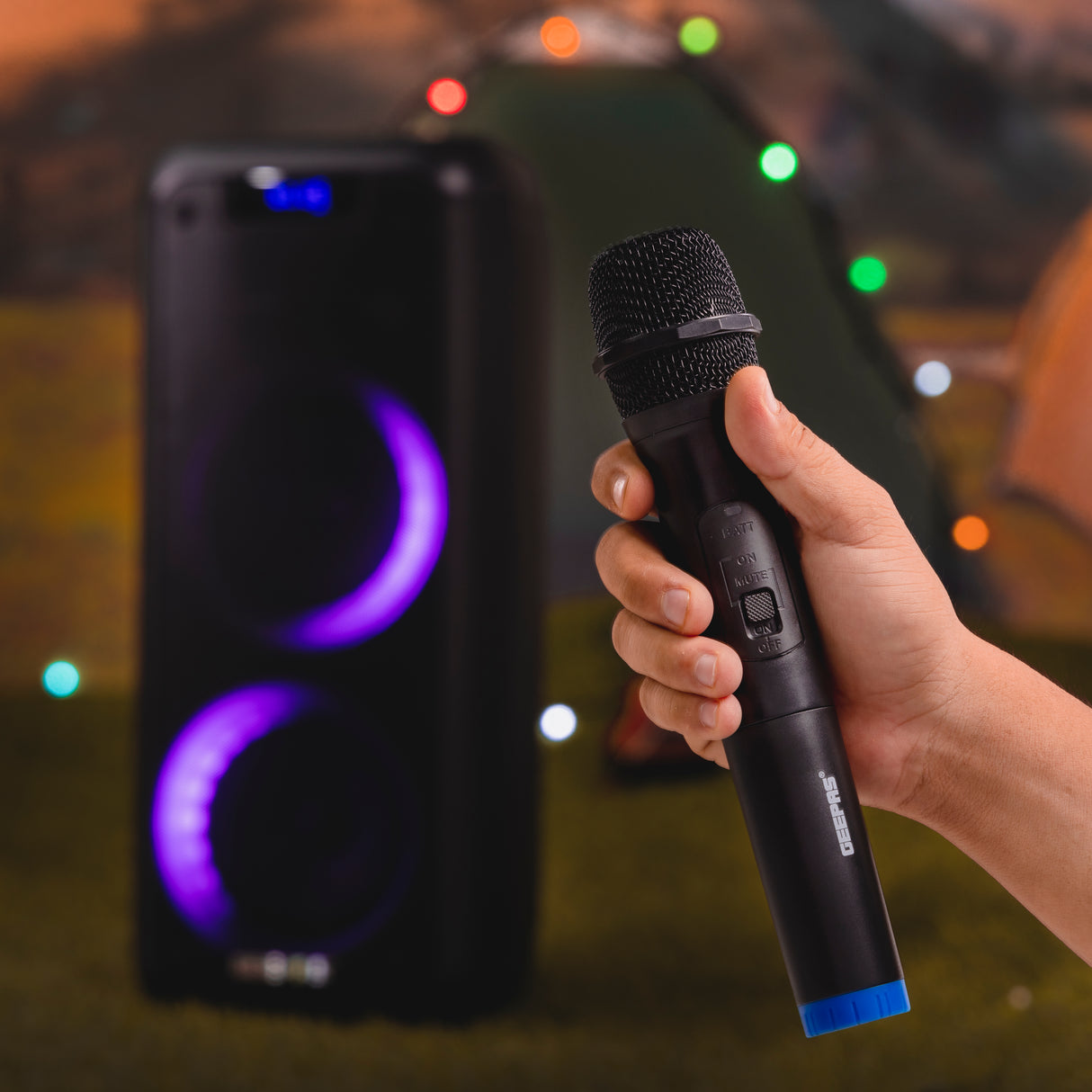Geepas GMS11168 Rechargeable Professional Speaker | 40000W PMPO| Bluetooth & TWS| Dual Mic Input| LED Lights| USB/TF/FM/AUX| 7.4V/3600mAh Battery| 2 Years Warranty