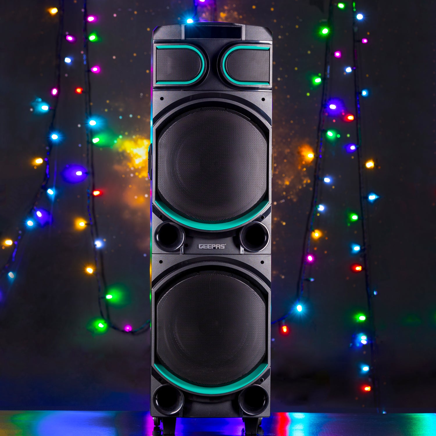 Rechargeable Professional Speaker, LED Lights, GMS11170 | USB/ FM/ TF Card, Bluetooth/ TWS | 12V/7A Lead-Acid Battery | UHF MIC | Remote Control | 80000W PMPO