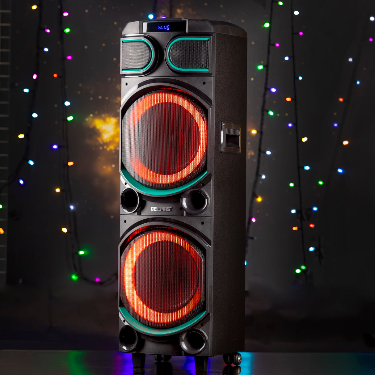 Rechargeable Professional Speaker, LED Lights, GMS11170 | USB/ FM/ TF Card, Bluetooth/ TWS | 12V/7A Lead-Acid Battery | UHF MIC | Remote Control | 80000W PMPO