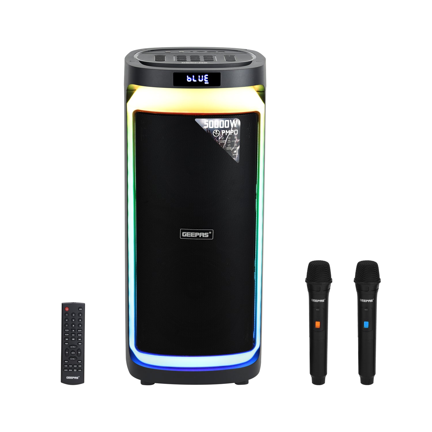 Geepas Rechargeable Professional Speaker- GMS11171/ RGB Light, USB Input, TF, TWS, FM Radio, UHF Microphone, Bluetooth/ 50000W PMPO Speakers Unit, Black, 2 Years Warranty