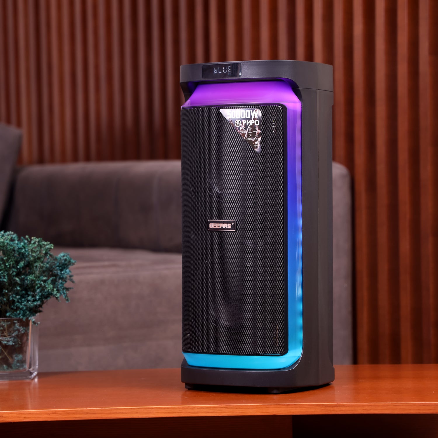 Geepas Rechargeable Professional Speaker- GMS11171/ RGB Light, USB Input, TF, TWS, FM Radio, UHF Microphone, Bluetooth/ 50000W PMPO Speakers Unit, Black, 2 Years Warranty