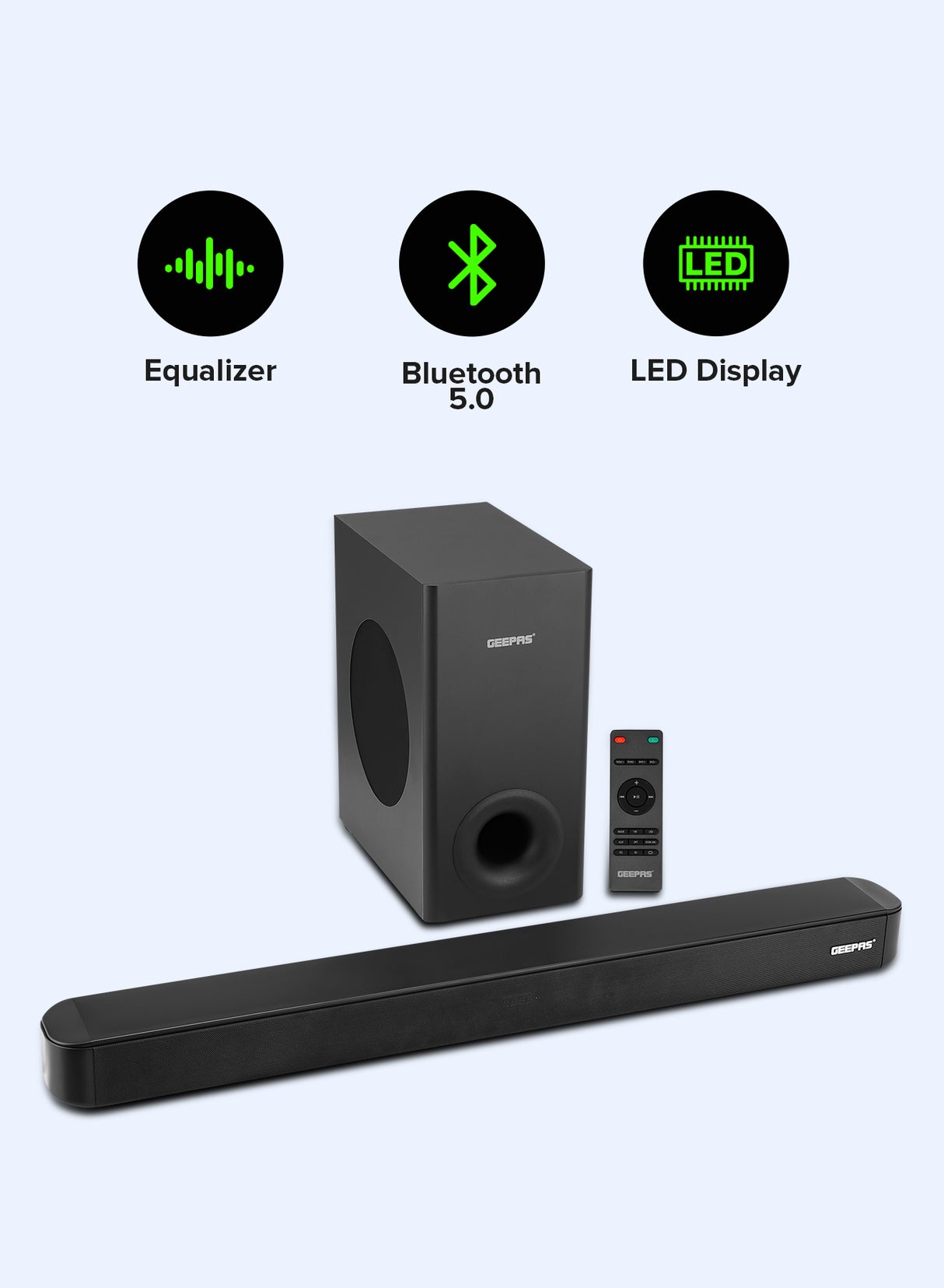 Geepas Wireless Sound Bar- GMS11173| USB/ AUX/ Bluetooth/ HDMI | Sound Bar System with Wireless Subwoofer| With Remote Control and LED Display