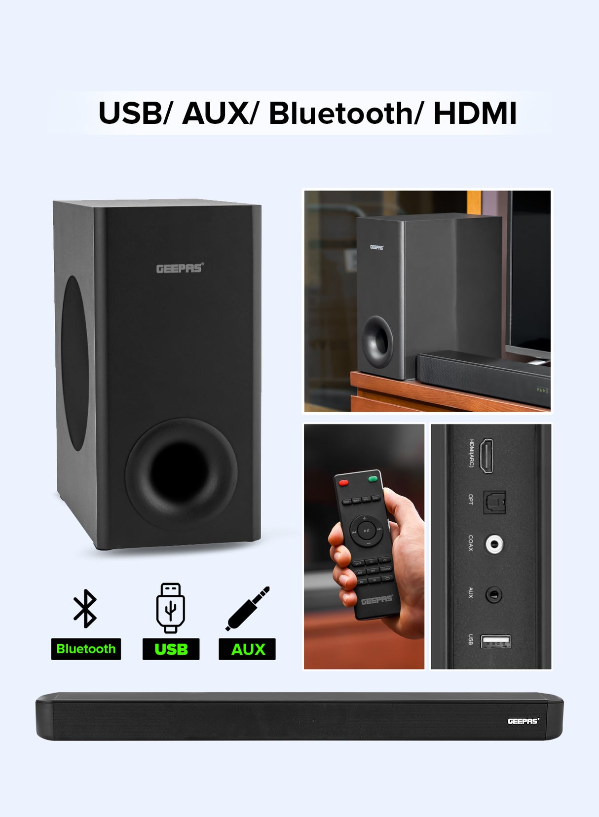 Geepas Wireless Sound Bar- GMS11173| USB/ AUX/ Bluetooth/ HDMI | Sound Bar System with Wireless Subwoofer| With Remote Control and LED Display