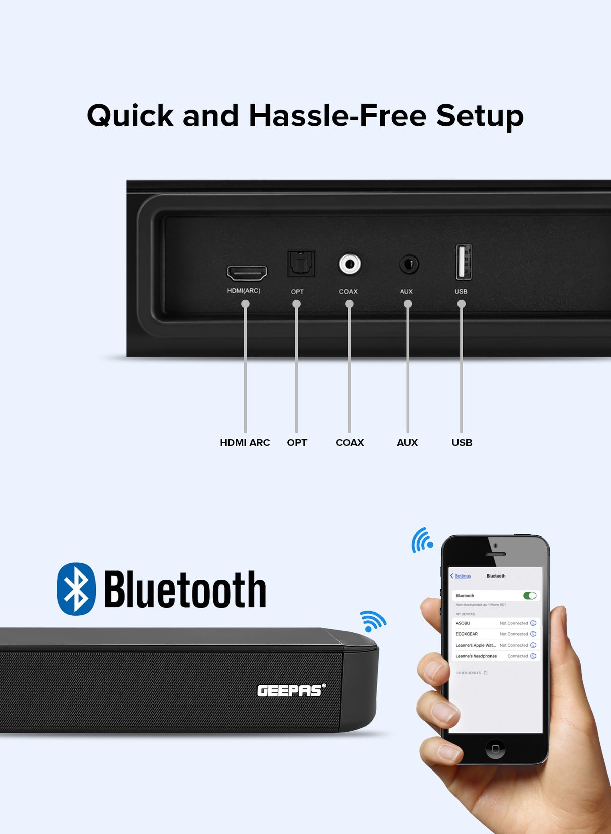 Geepas Wireless Sound Bar- GMS11173| USB/ AUX/ Bluetooth/ HDMI | Sound Bar System with Wireless Subwoofer| With Remote Control and LED Display
