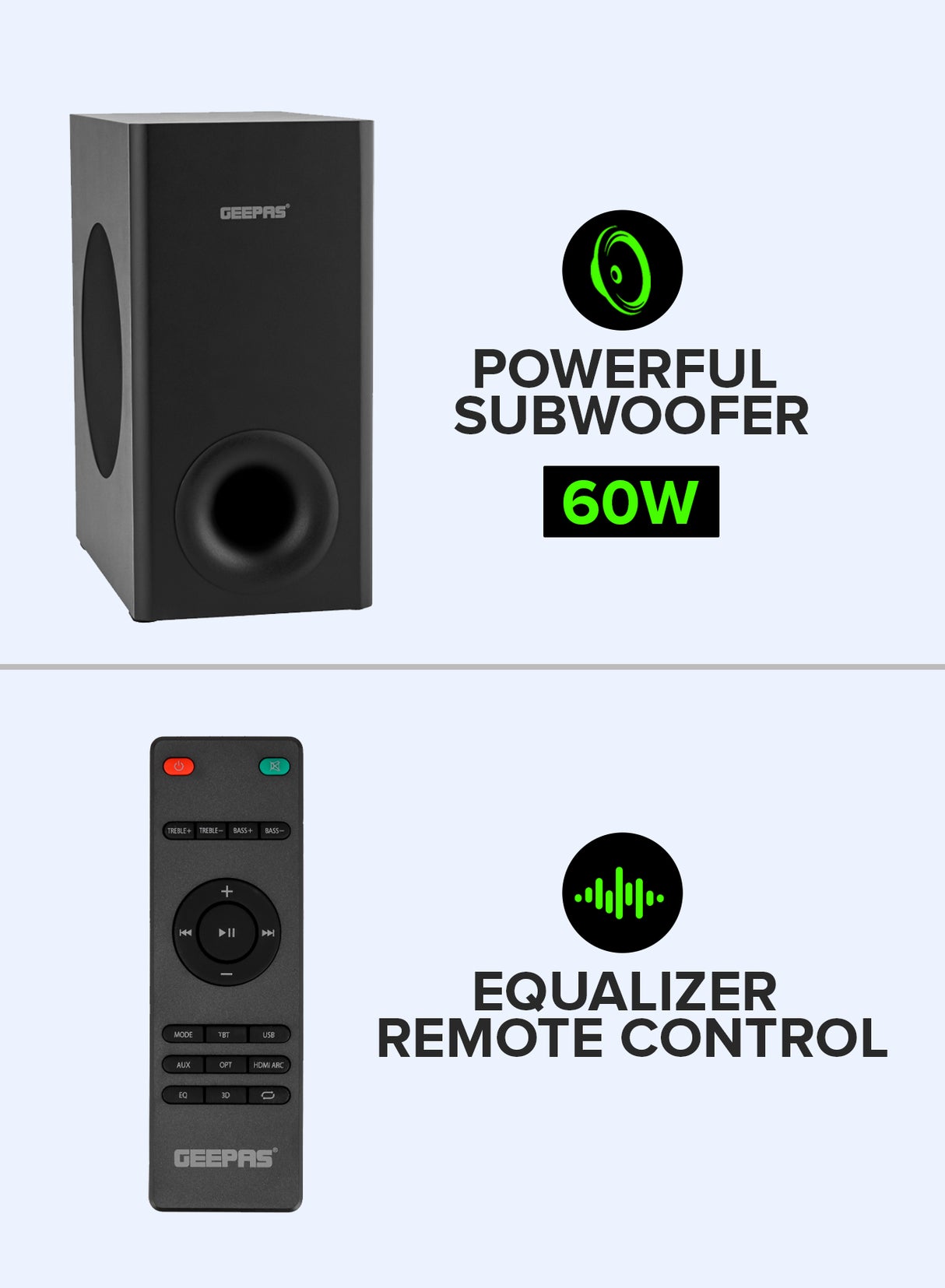 Geepas Wireless Sound Bar- GMS11173| USB/ AUX/ Bluetooth/ HDMI | Sound Bar System with Wireless Subwoofer| With Remote Control and LED Display