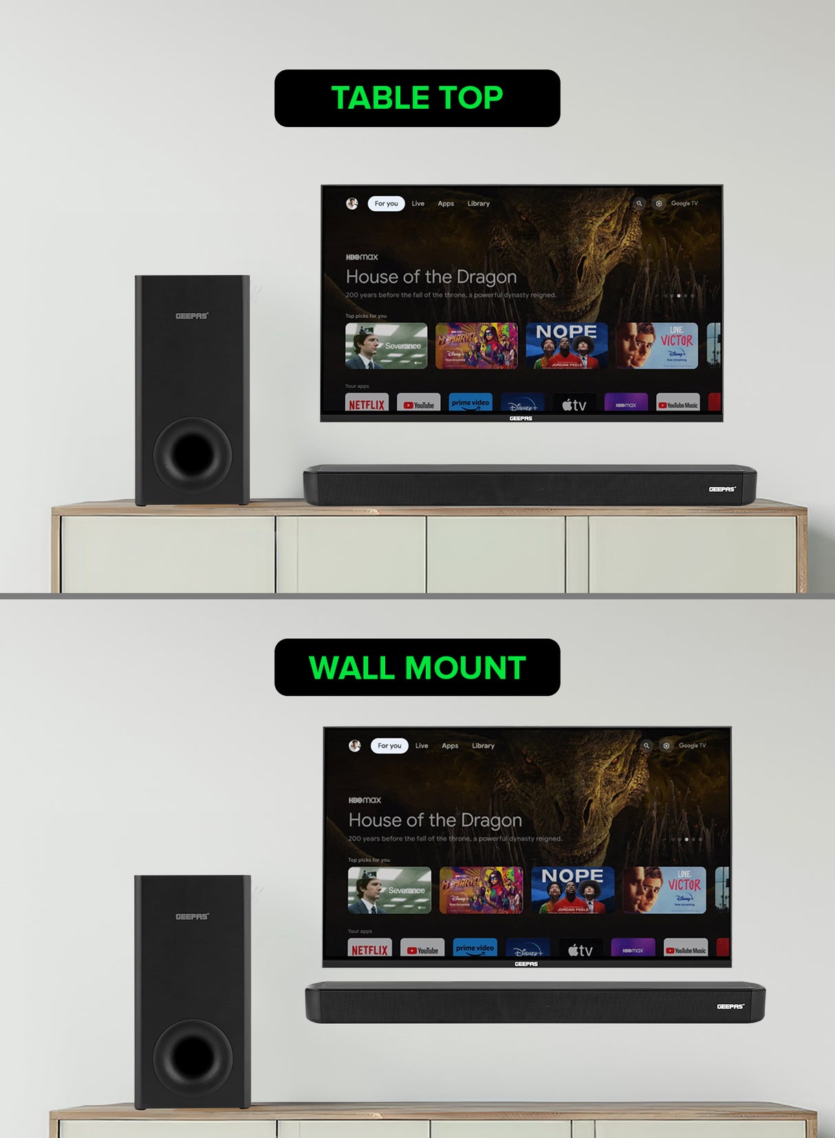 Geepas Wireless Sound Bar- GMS11173| USB/ AUX/ Bluetooth/ HDMI | Sound Bar System with Wireless Subwoofer| With Remote Control and LED Display