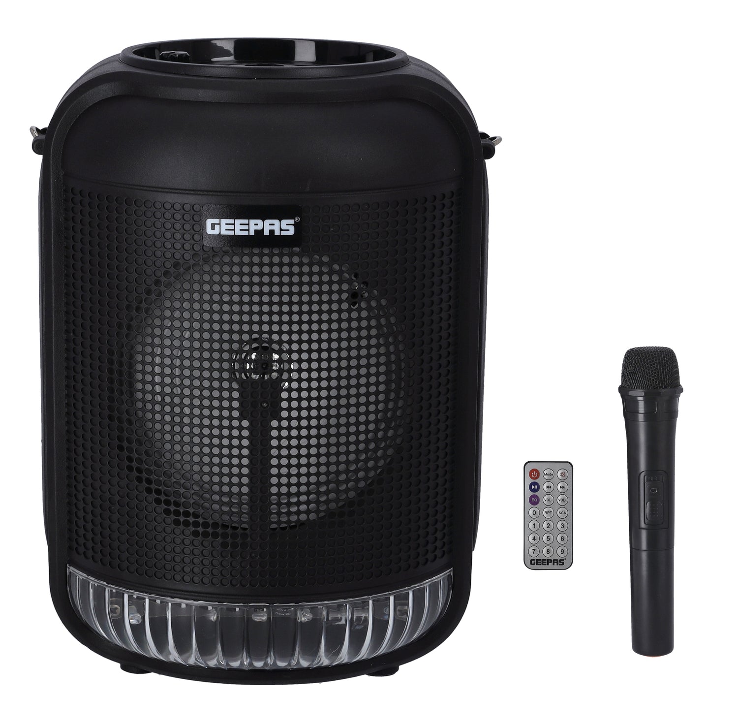 Geepas GMS11186 Rechargeable Portable Speaker | 25000W PMPO| Bluetooth & TWS| 6.5” Woofer| FM/USB/TF/AUX| LED Light| Wireless Mic| 3.7V 1800mAh Battery| 2 Years Warranty