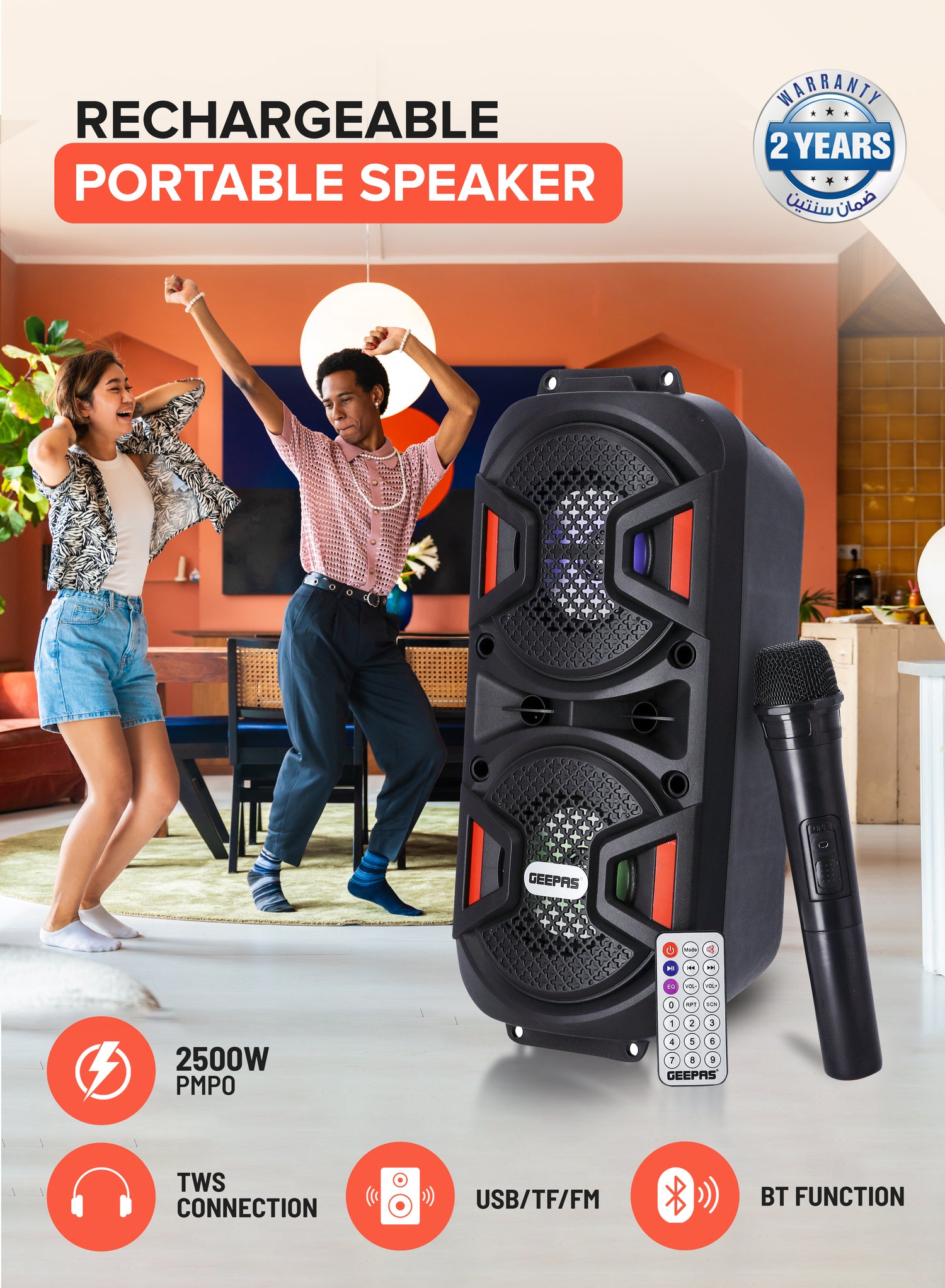 Geepas Rechargeable Portable Speaker GMS11187- Portable Handle with 1500 MAH Huge Battery| TWS Connection & Compatible with BT/ USB/ AUX/ FM/ Micro SD