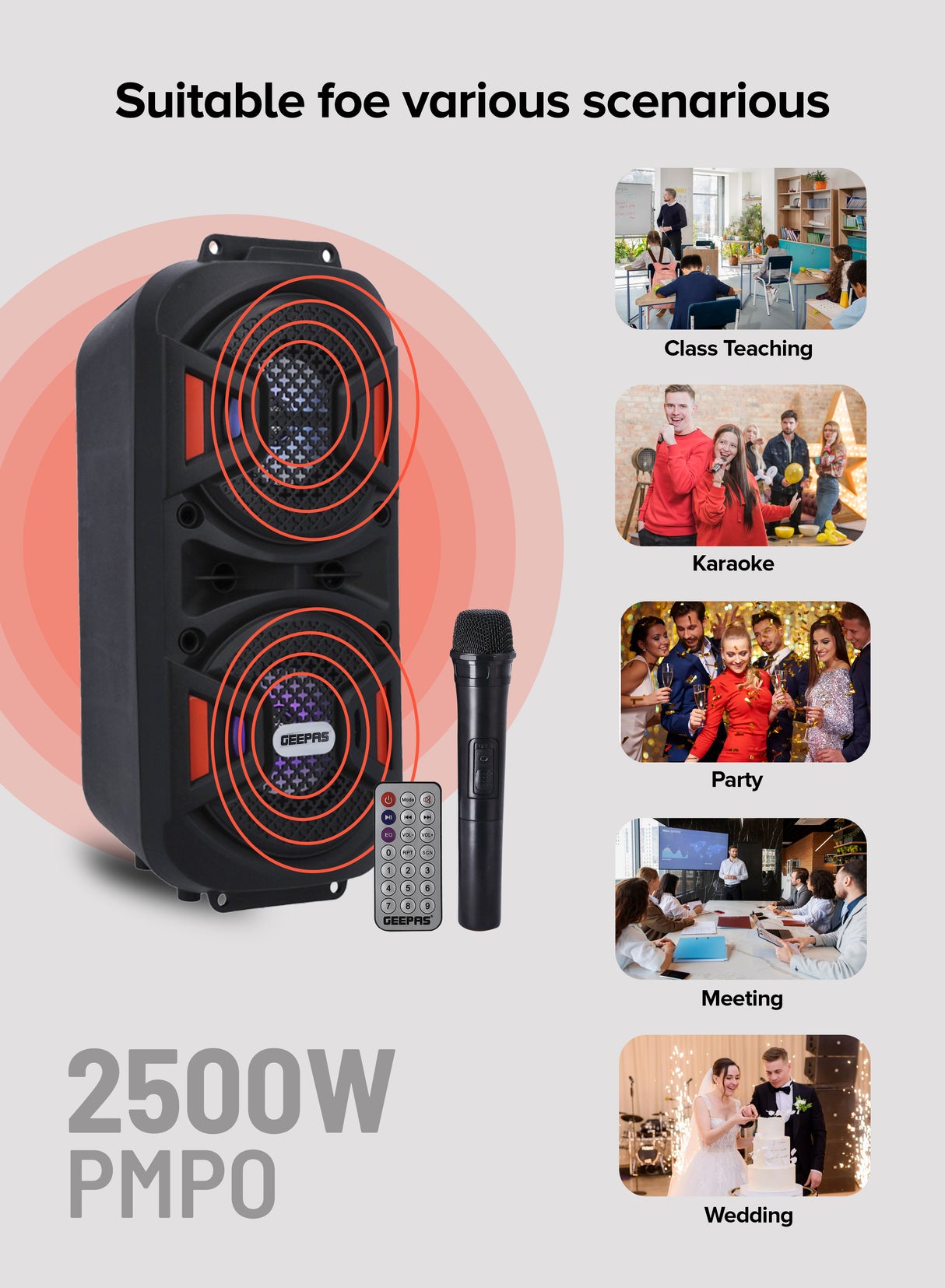Geepas Rechargeable Portable Speaker GMS11187- Portable Handle with 1500 MAH Huge Battery| TWS Connection & Compatible with BT/ USB/ AUX/ FM/ Micro SD