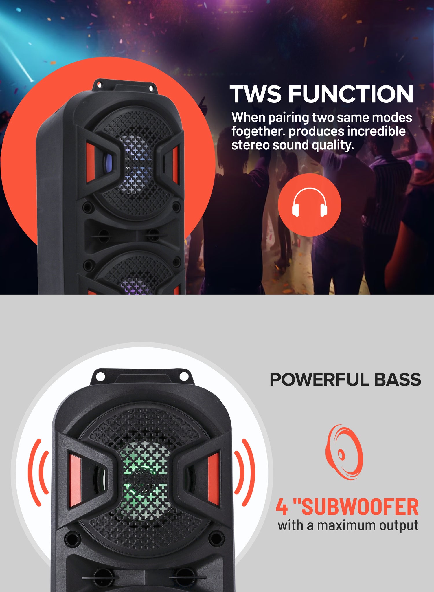 Geepas Rechargeable Portable Speaker GMS11187- Portable Handle with 1500 MAH Huge Battery| TWS Connection & Compatible with BT/ USB/ AUX/ FM/ Micro SD