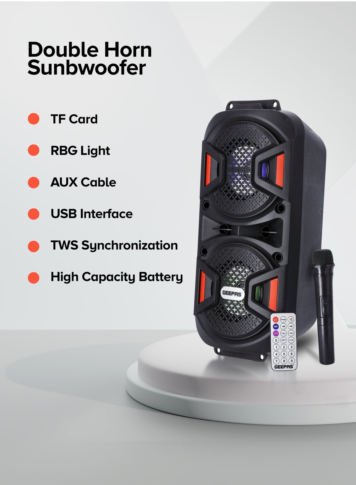 Geepas Rechargeable Portable Speaker GMS11187- Portable Handle with 1500 MAH Huge Battery| TWS Connection & Compatible with BT/ USB/ AUX/ FM/ Micro SD