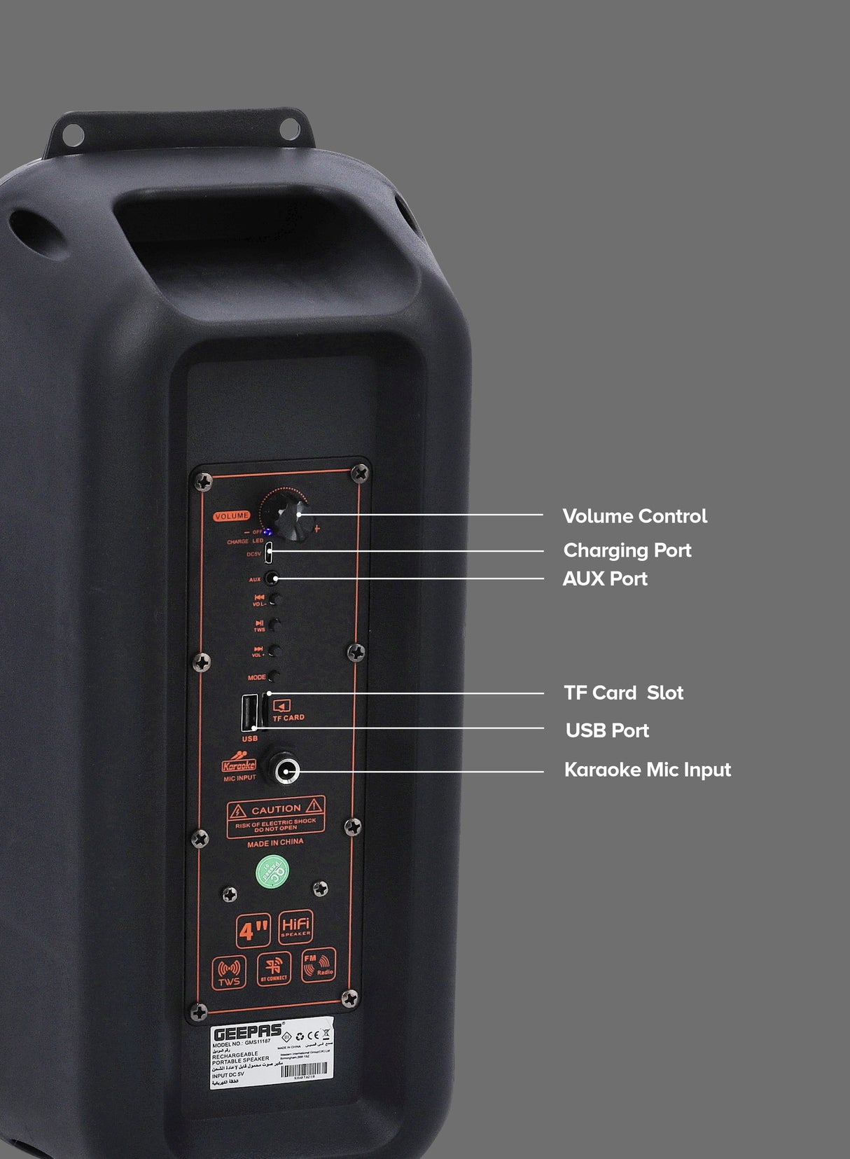 Geepas Rechargeable Portable Speaker GMS11187- Portable Handle with 1500 MAH Huge Battery| TWS Connection & Compatible with BT/ USB/ AUX/ FM/ Micro SD