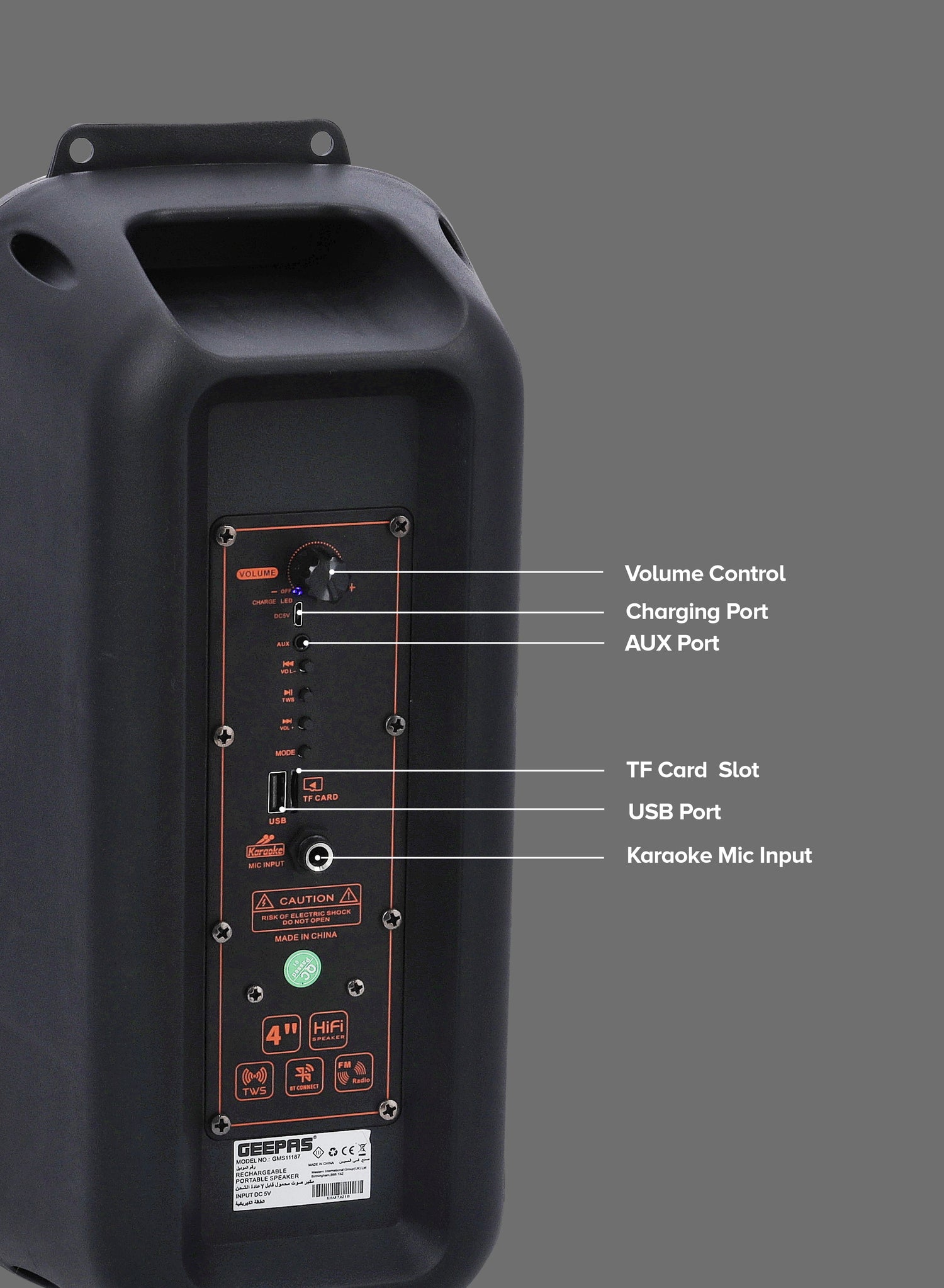 Geepas Rechargeable Portable Speaker GMS11187- Portable Handle with 1500 MAH Huge Battery| TWS Connection & Compatible with BT/ USB/ AUX/ FM/ Micro SD