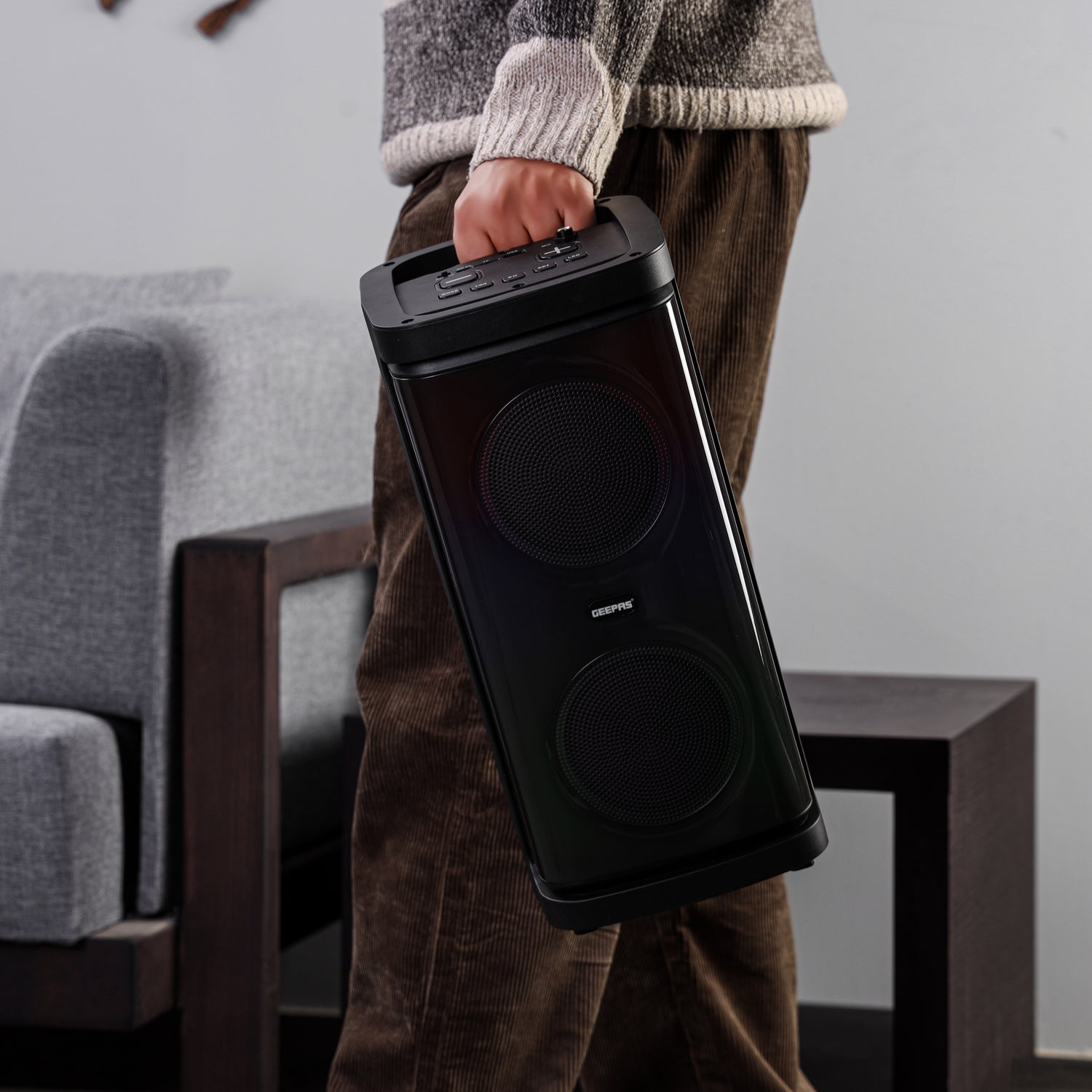 Geepas Rechargeable Portable Speaker GMS11193 | 20000W PMPO, RGB Light, USB, TF, TWS, FM, Bluetooth, VHF Mic | With Remote | For Parties & Home | Black, 2-Year Warranty