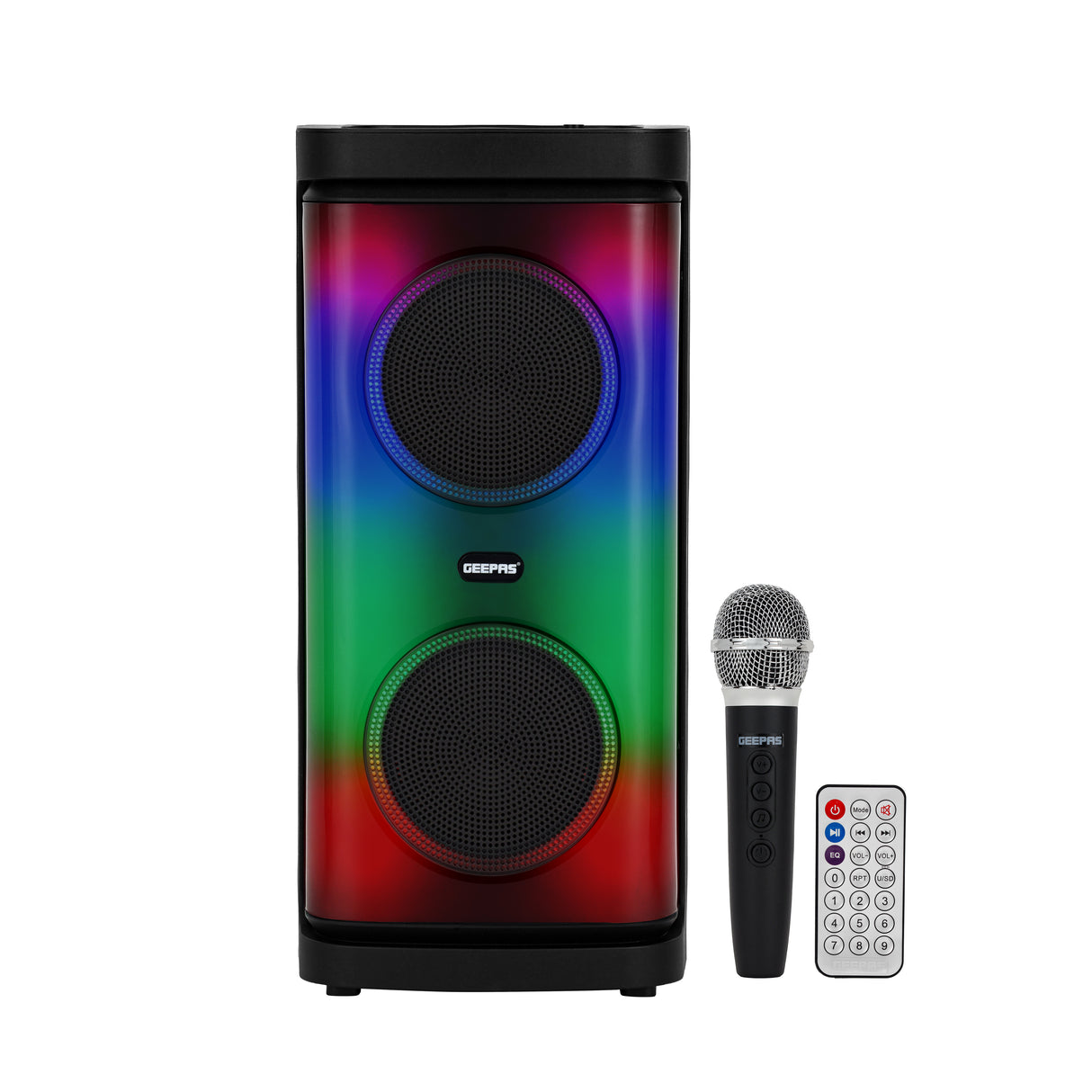 Geepas Rechargeable Portable Speaker GMS11193 | 20000W PMPO, RGB Light, USB, TF, TWS, FM, Bluetooth, VHF Mic | With Remote | For Parties & Home | Black, 2-Year Warranty