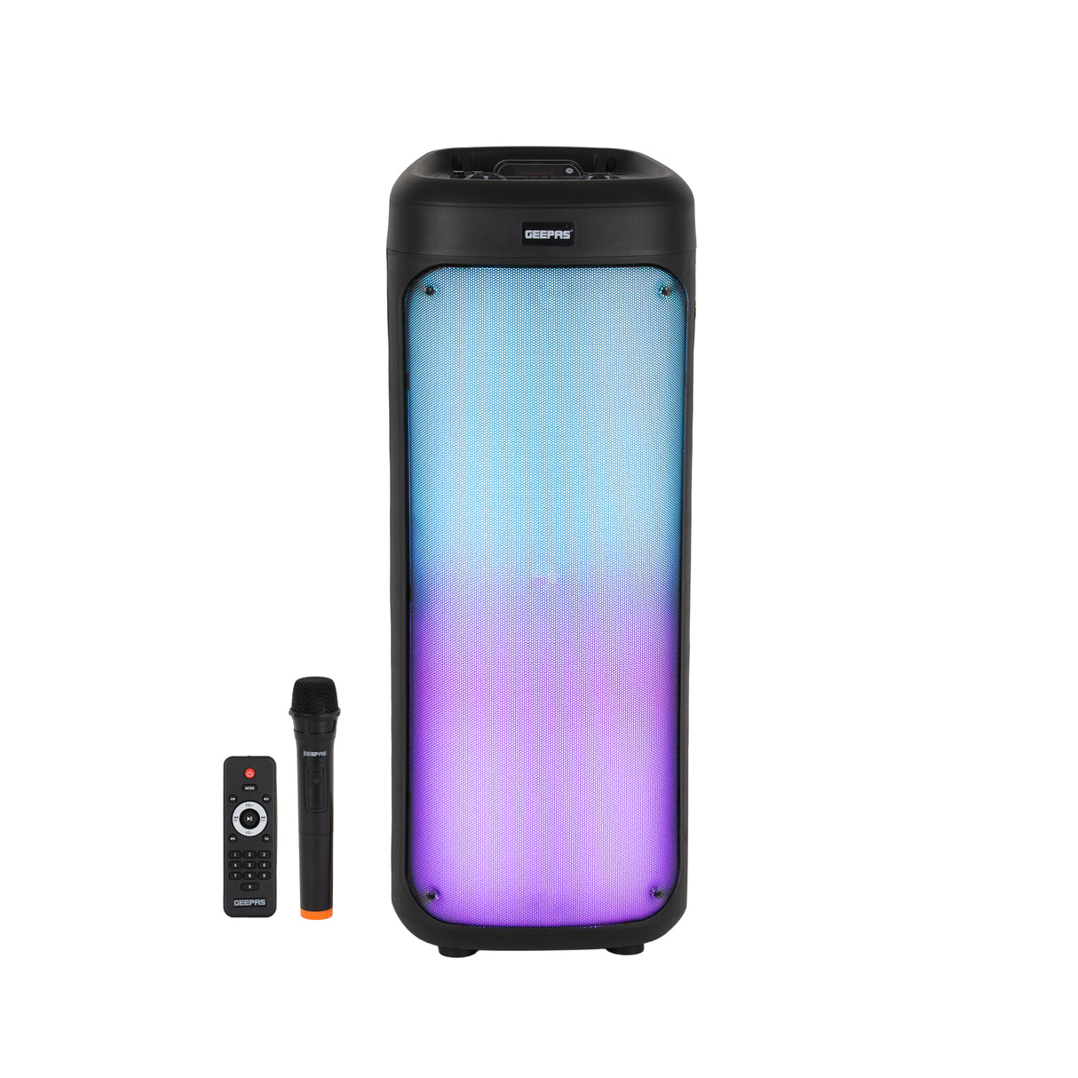 Geepas Rechargeable Portable Speaker- GMS11194/ RGB Light, USB Input, TF, TWS, FM Radio, VHF Microphone, Bluetooth/ 30000W PMPO Speakers Unit, with Remote Control