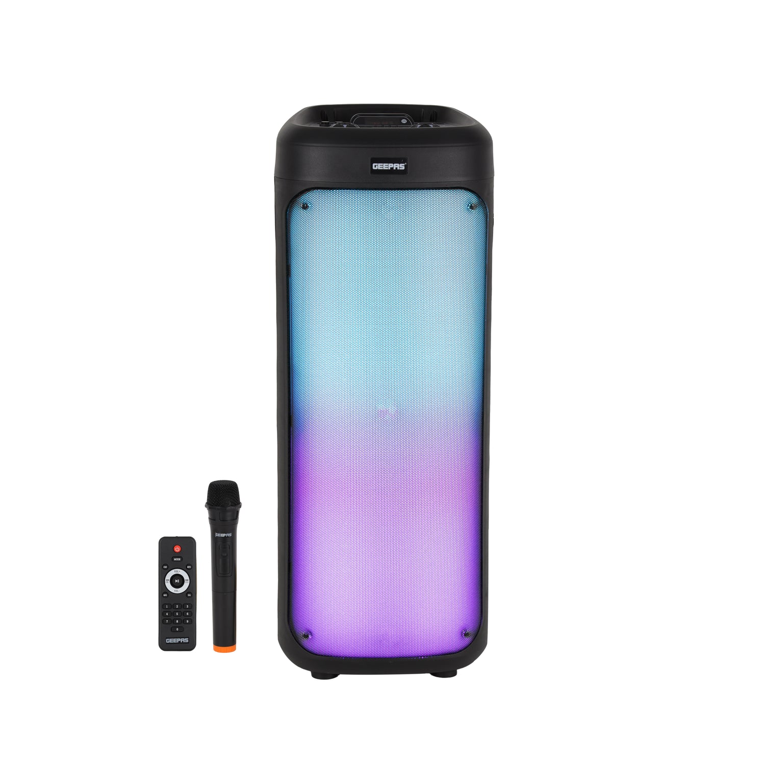 Geepas Rechargeable Portable Speaker- GMS11194/ RGB Light, USB Input, TF, TWS, FM Radio, VHF Microphone, Bluetooth/ 30000W PMPO Speakers Unit, with Remote Control