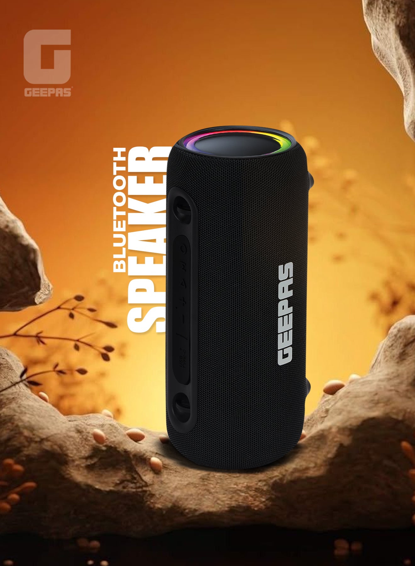 Geepas Waterproof Bluetooth Speaker GMS11199 | Portable Wireless Speaker with RGB Lights, USB/TWS Support, 10M Bluetooth Range, 3600mAh Battery & IPX5 Waterproof Design