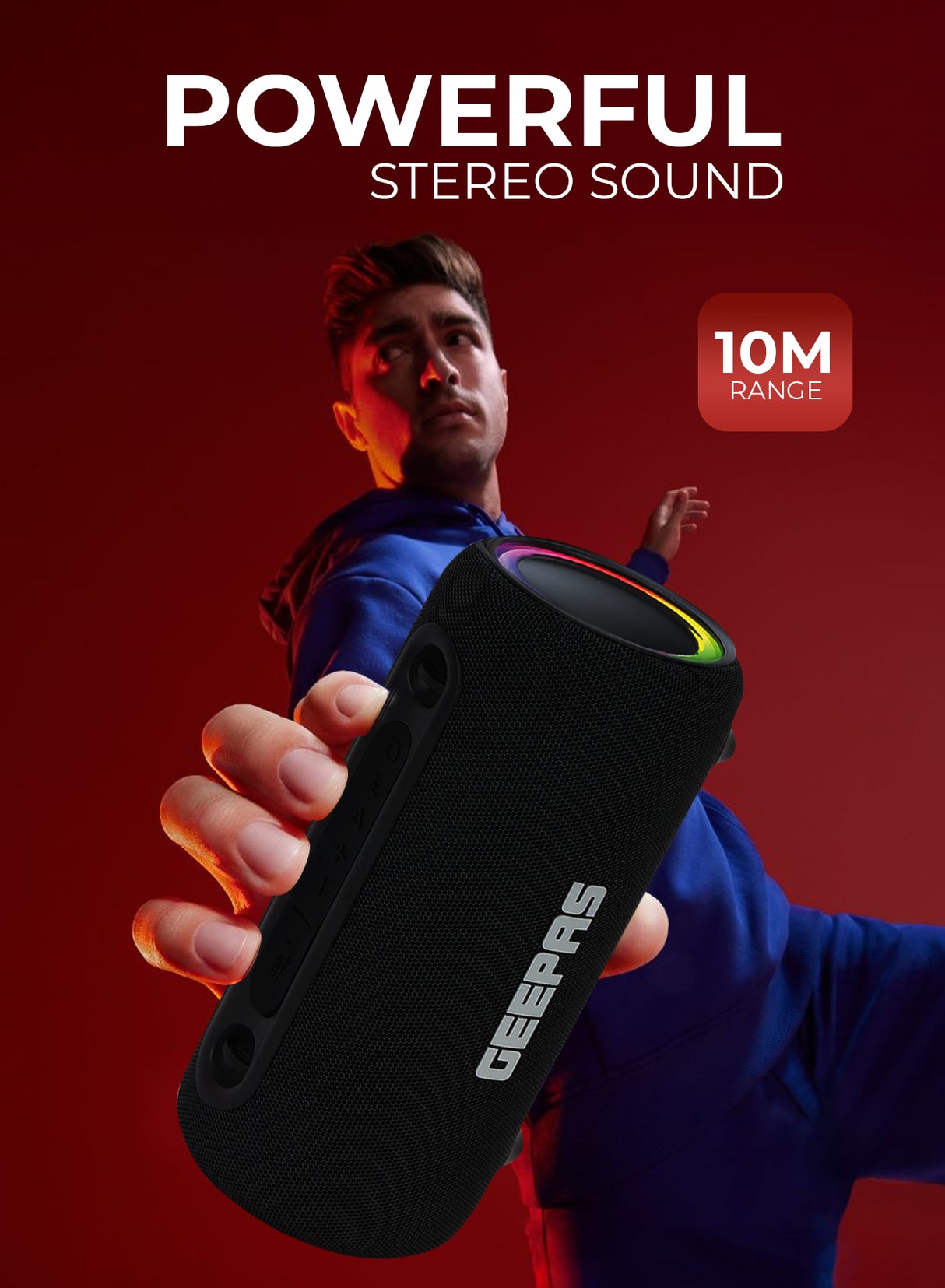 Geepas Waterproof Bluetooth Speaker GMS11199 | Portable Wireless Speaker with RGB Lights, USB/TWS Support, 10M Bluetooth Range, 3600mAh Battery & IPX5 Waterproof Design