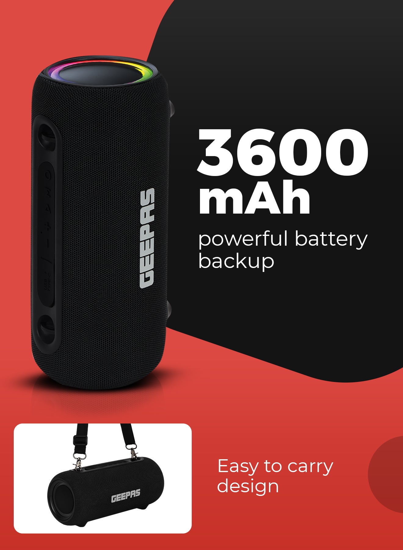 Geepas Waterproof Bluetooth Speaker GMS11199 | Portable Wireless Speaker with RGB Lights, USB/TWS Support, 10M Bluetooth Range, 3600mAh Battery & IPX5 Waterproof Design