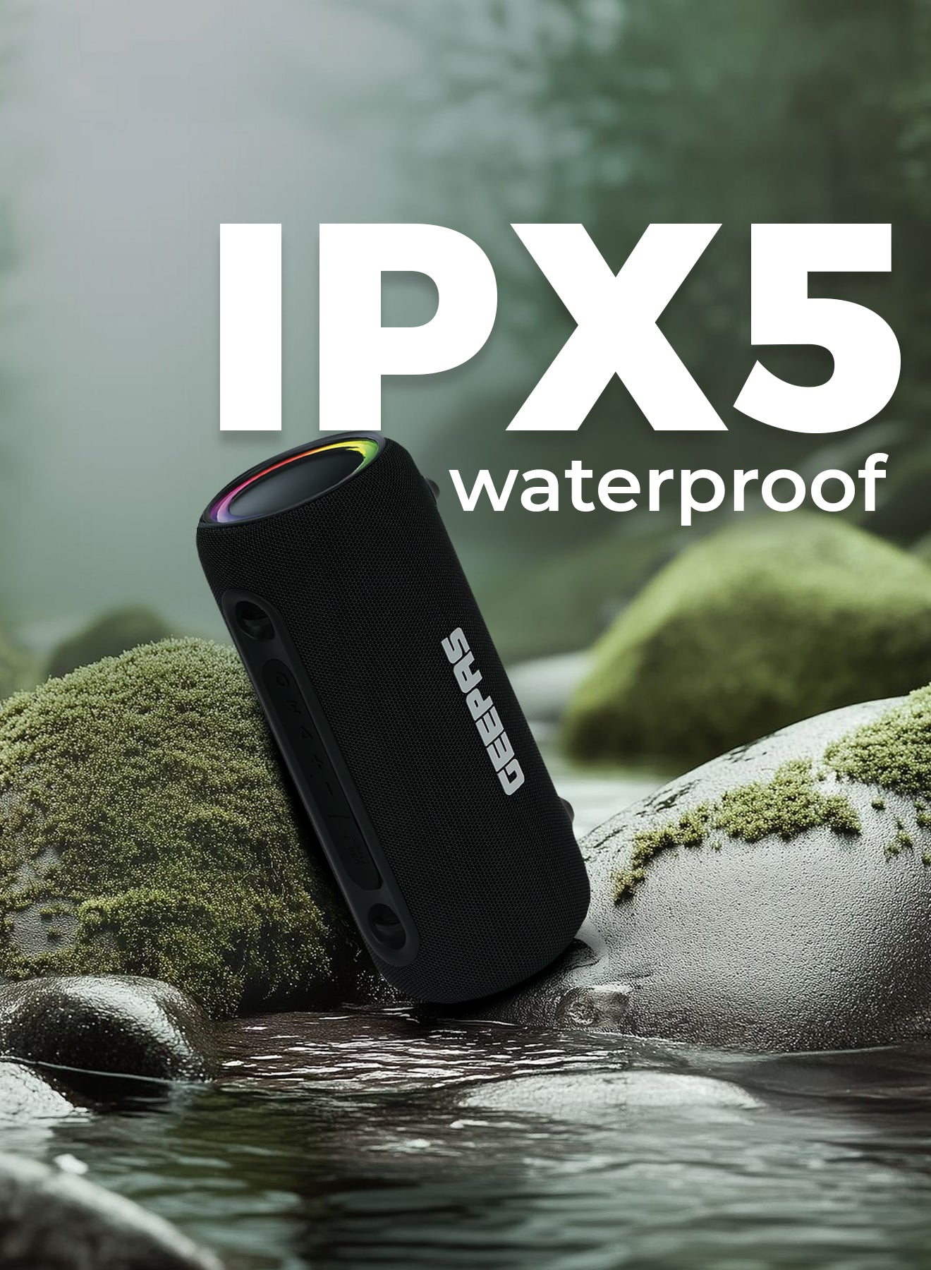 Geepas Waterproof Bluetooth Speaker GMS11199 | Portable Wireless Speaker with RGB Lights, USB/TWS Support, 10M Bluetooth Range, 3600mAh Battery & IPX5 Waterproof Design