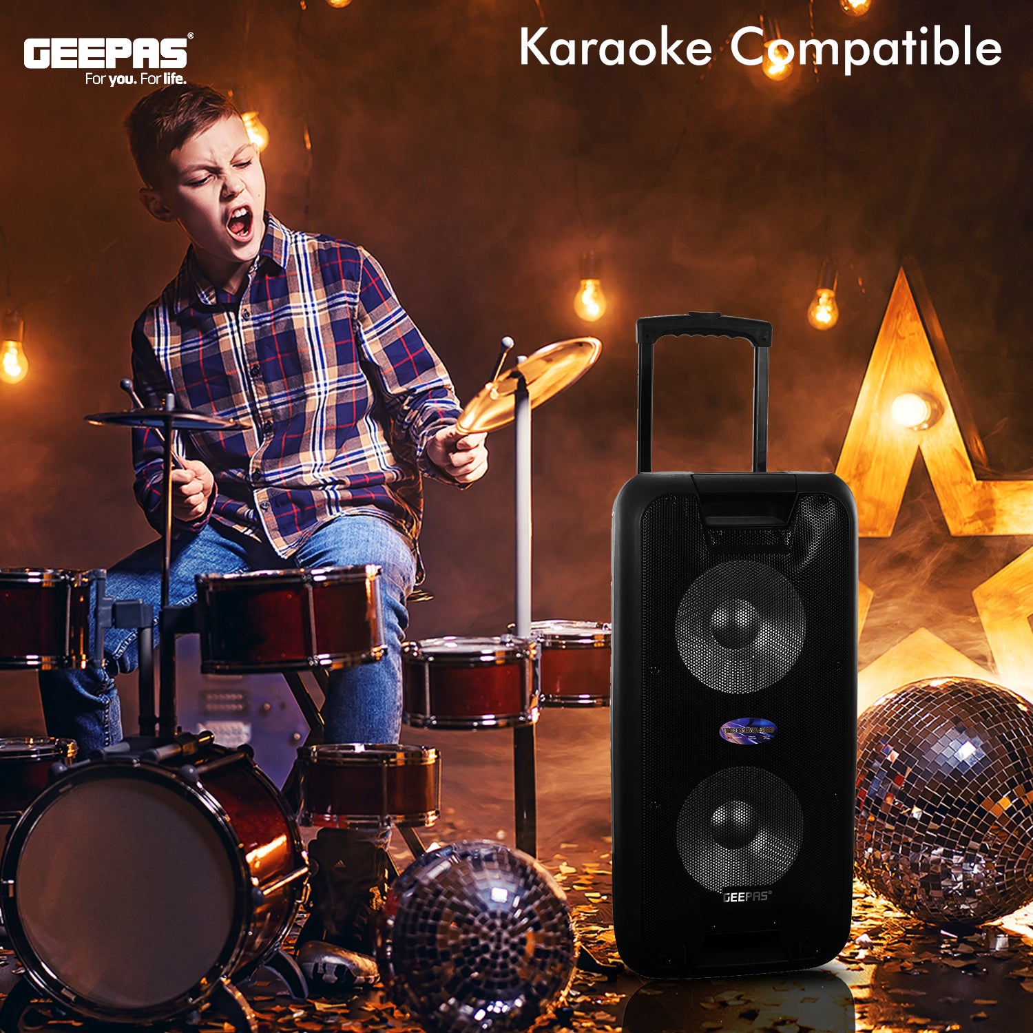 Geepas GMS8574- Portable & Rechargeable Professional Speaker- 10 inch- Wireless Microphones, Battery Rechargeable | 50000 PMPO | Portable Woofer with Trolley Handle