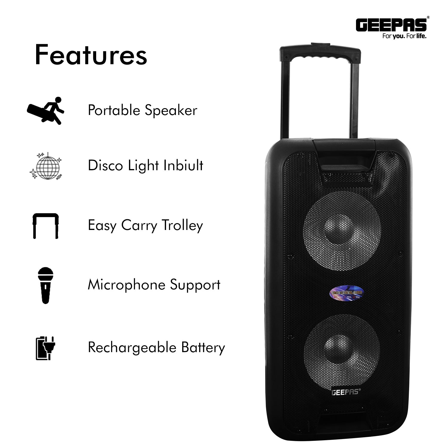 Geepas GMS8574- Portable & Rechargeable Professional Speaker- 10 inch- Wireless Microphones, Battery Rechargeable | 50000 PMPO | Portable Woofer with Trolley Handle