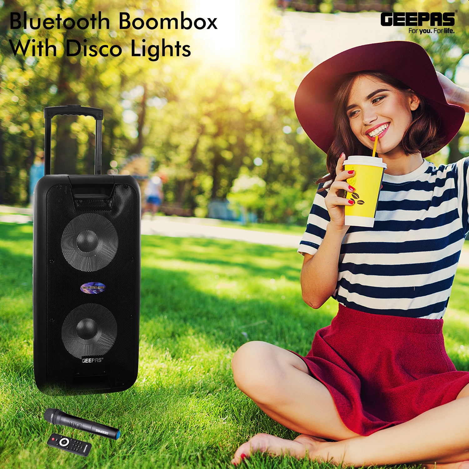 Geepas GMS8574- Portable & Rechargeable Professional Speaker- 10 inch- Wireless Microphones, Battery Rechargeable | 50000 PMPO | Portable Woofer with Trolley Handle