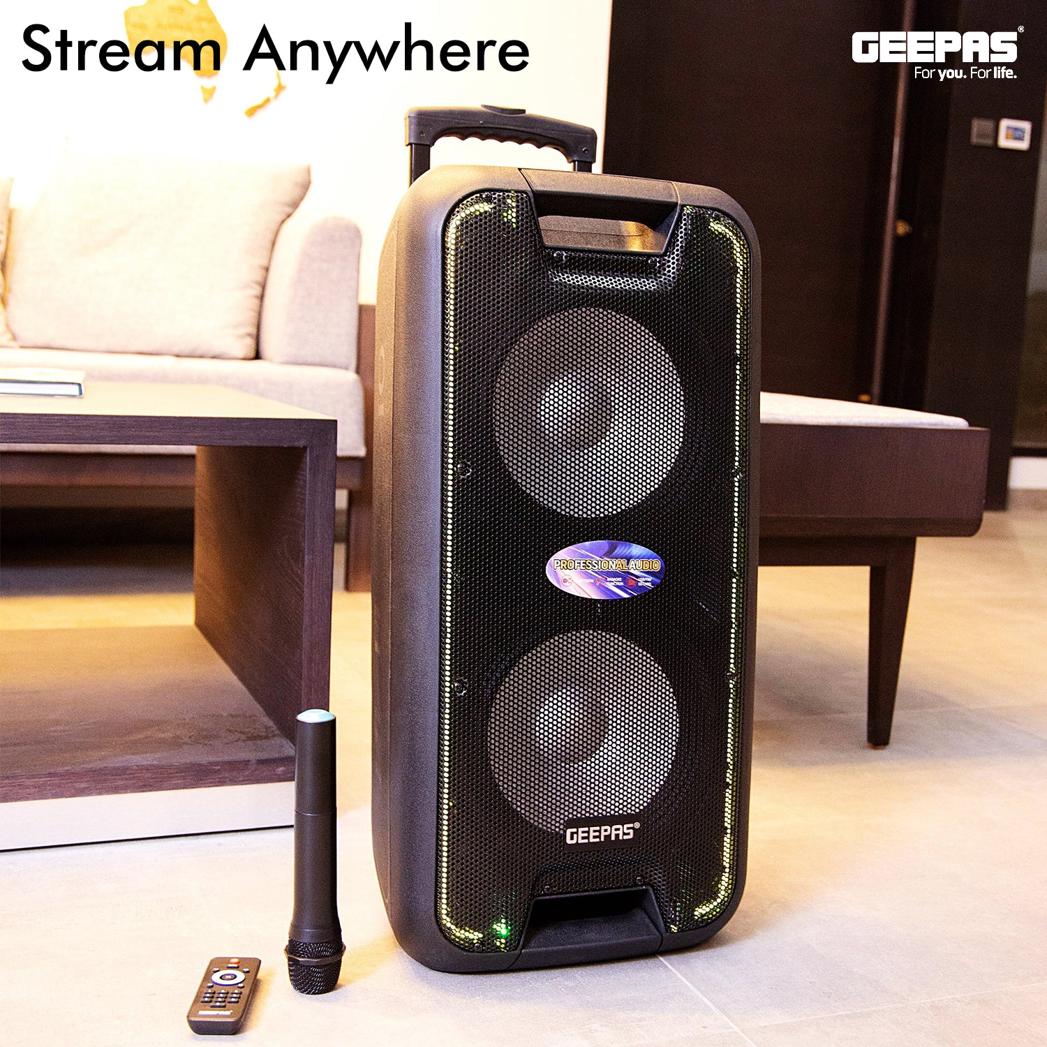 Geepas GMS8574- Portable & Rechargeable Professional Speaker- 10 inch- Wireless Microphones, Battery Rechargeable | 50000 PMPO | Portable Woofer with Trolley Handle