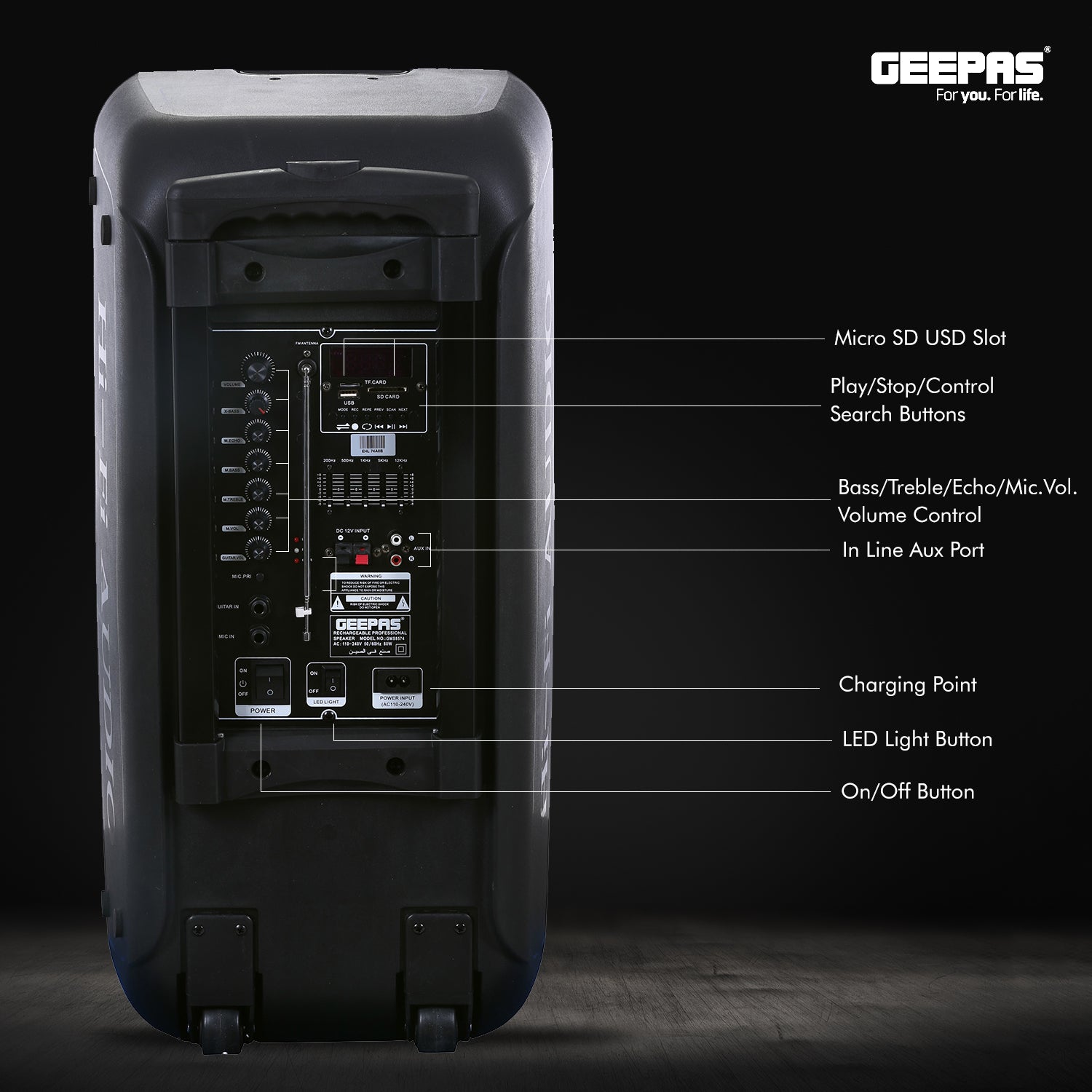Geepas GMS8574- Portable & Rechargeable Professional Speaker- 10 inch- Wireless Microphones, Battery Rechargeable | 50000 PMPO | Portable Woofer with Trolley Handle