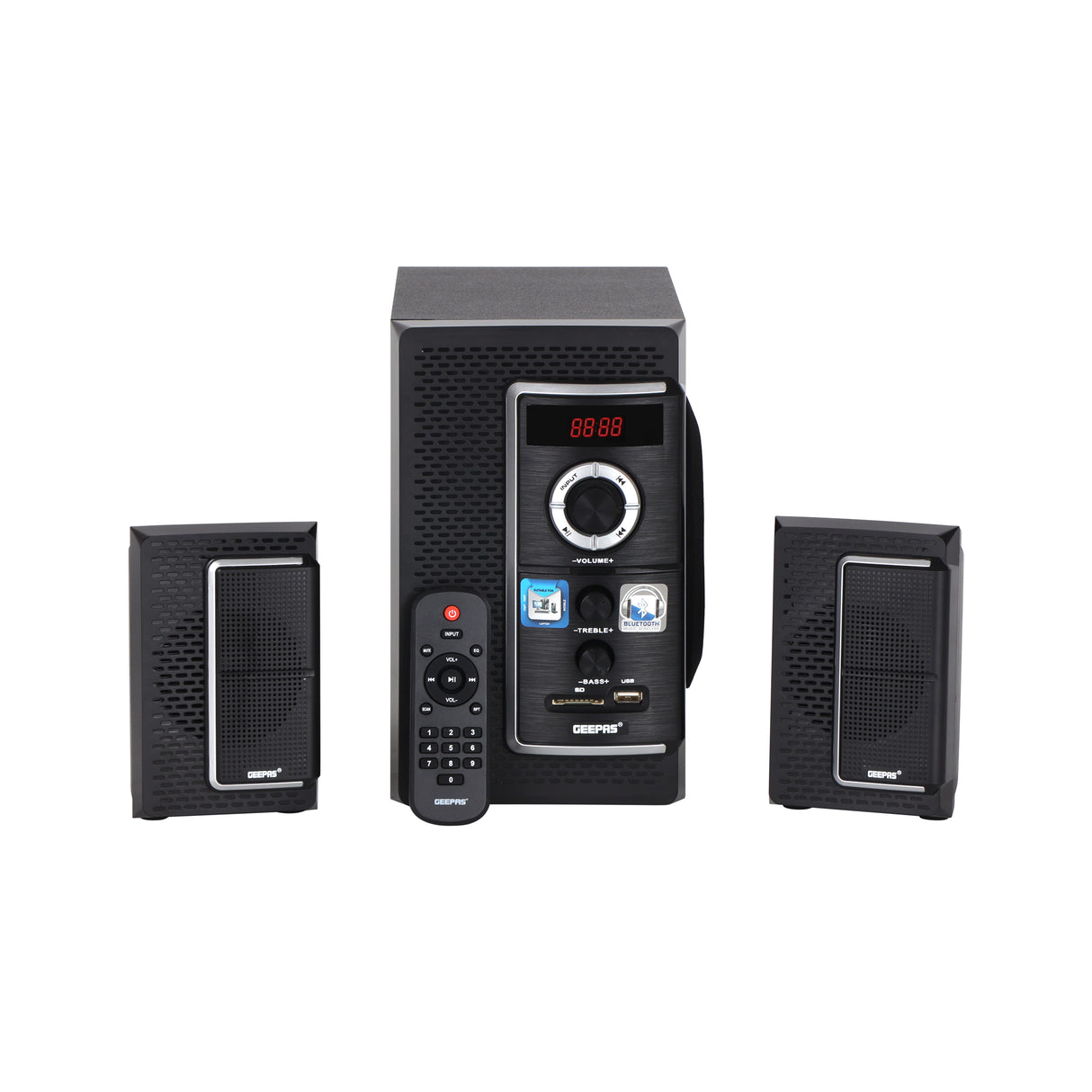 Geepas 2.0 Channel Multimedia Speaker System- GMS8585/ USB Input, SD Card Reader, FM Radio, Bluetooth/ LED Display, 30000W PMPO Speakers Unit/ Black