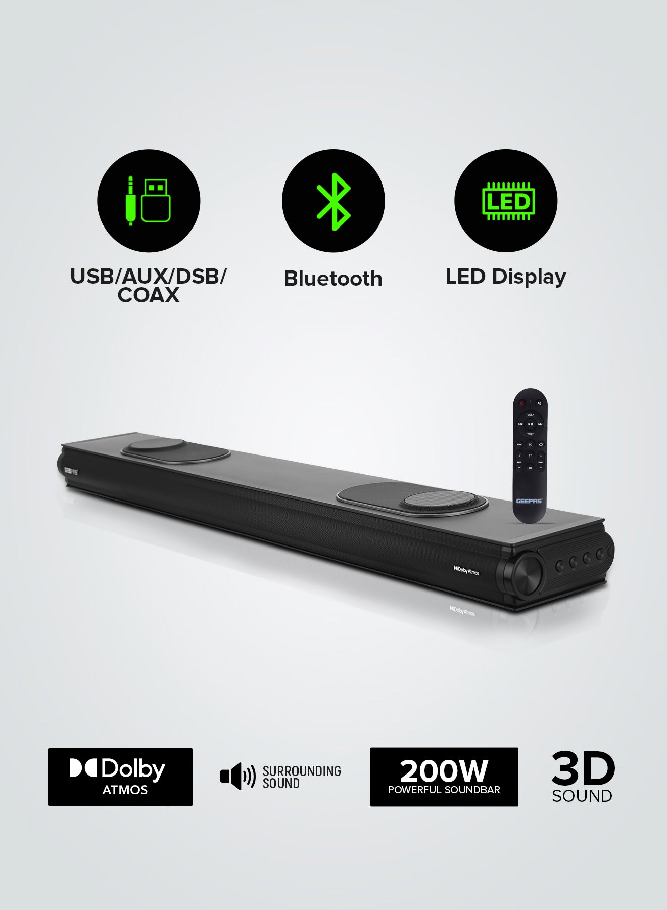 Geepas 3.1.2 CH All-in-One Dolby Atmos Soundbar- GMS8810DTS/ Bluetooth, AUX IN, USB, COAX, with Remote Control and LED Display/ 200W