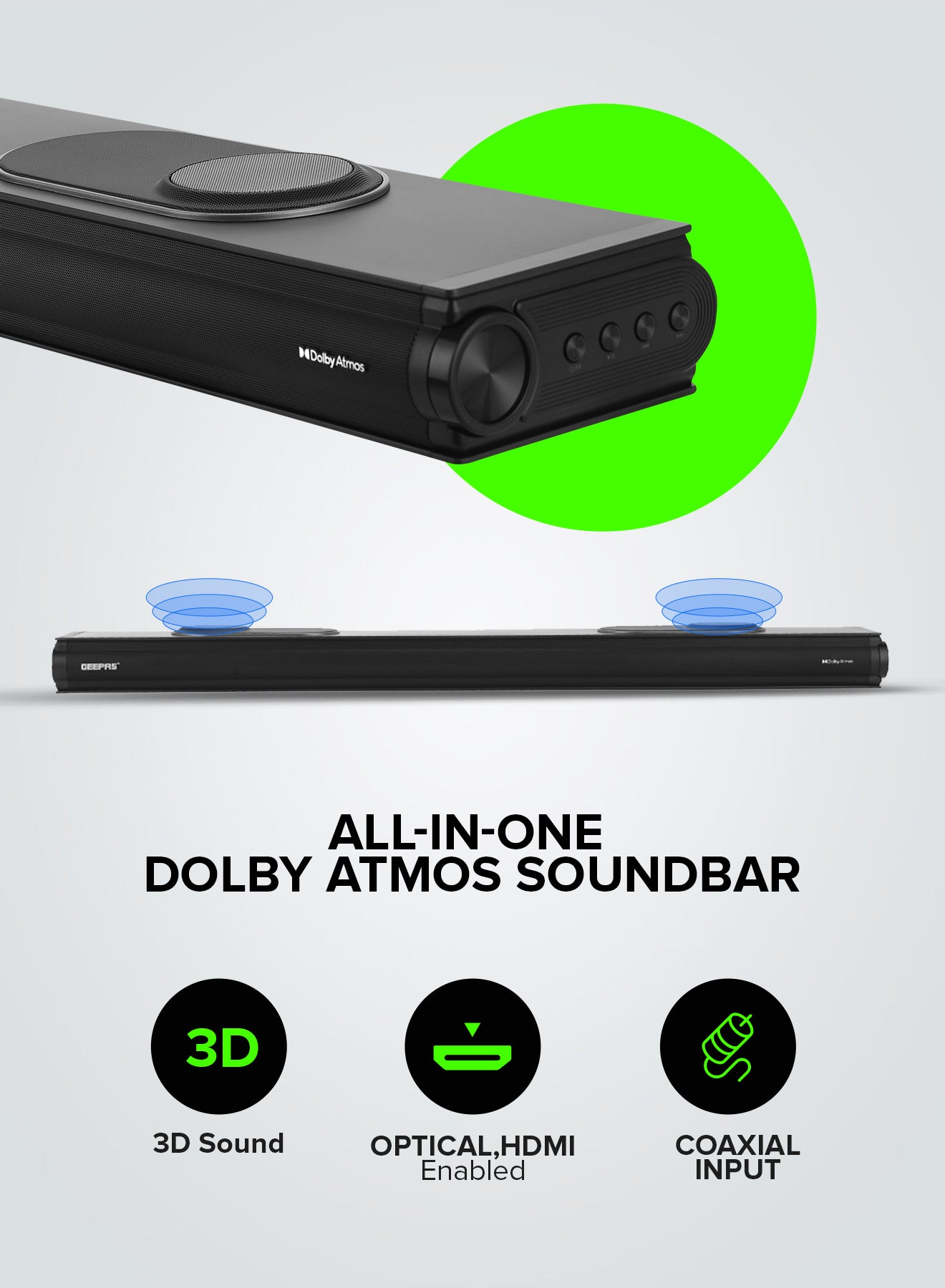 Geepas 3.1.2 CH All-in-One Dolby Atmos Soundbar- GMS8810DTS/ Bluetooth, AUX IN, USB, COAX, with Remote Control and LED Display/ 200W