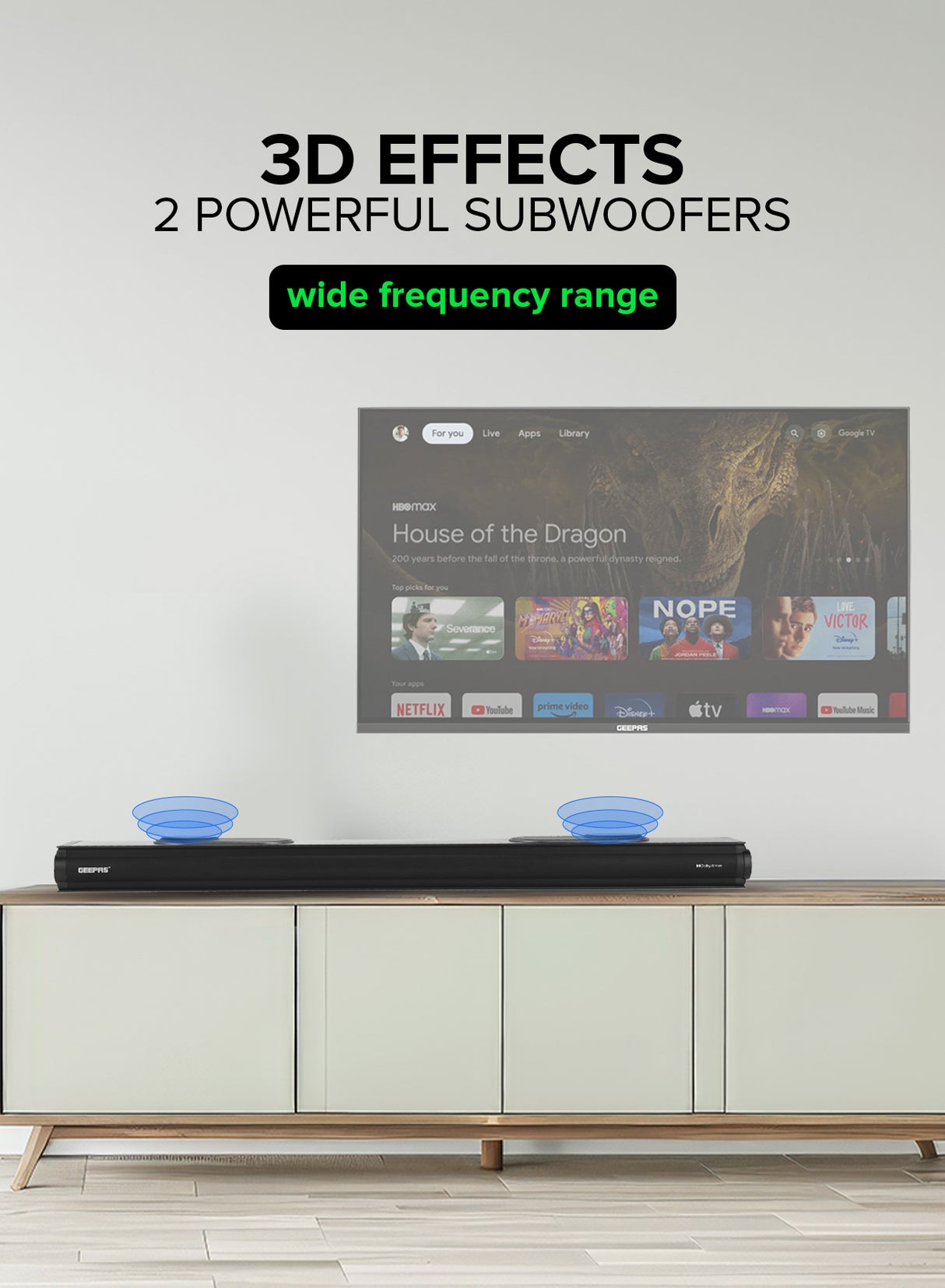 Geepas 3.1.2 CH All-in-One Dolby Atmos Soundbar- GMS8810DTS/ Bluetooth, AUX IN, USB, COAX, with Remote Control and LED Display/ 200W