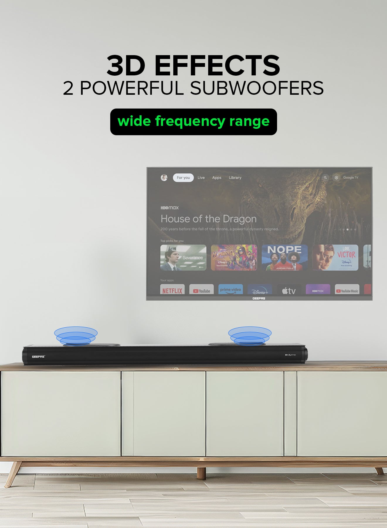 Geepas 3.1.2 CH All-in-One Dolby Atmos Soundbar- GMS8810DTS/ Bluetooth, AUX IN, USB, COAX, with Remote Control and LED Display/ 200W