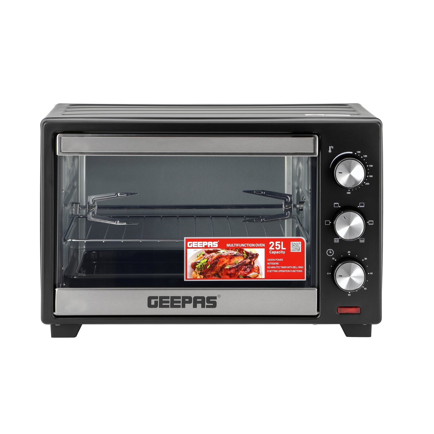 Geepas Electric Oven GO34040 | 25L Capacity| 1600W Power| Rotisserie Function| Adjustable Temperature Control| 60-Min Timer| Stainless Steel Heating | 2 Years Warranty