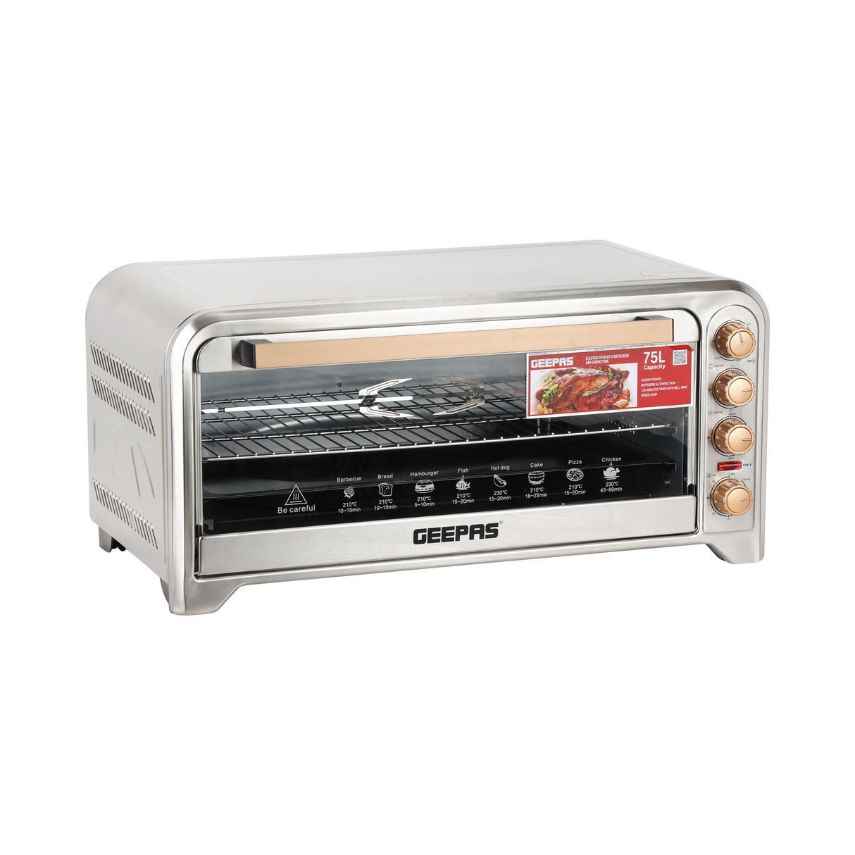 Geepas Electric Oven GO34041 | 75L Large Capacity| 2200W Powerful Performance with Convection & Rotisserie Functions| Adjustable Temperature Control | 2 Years Warranty